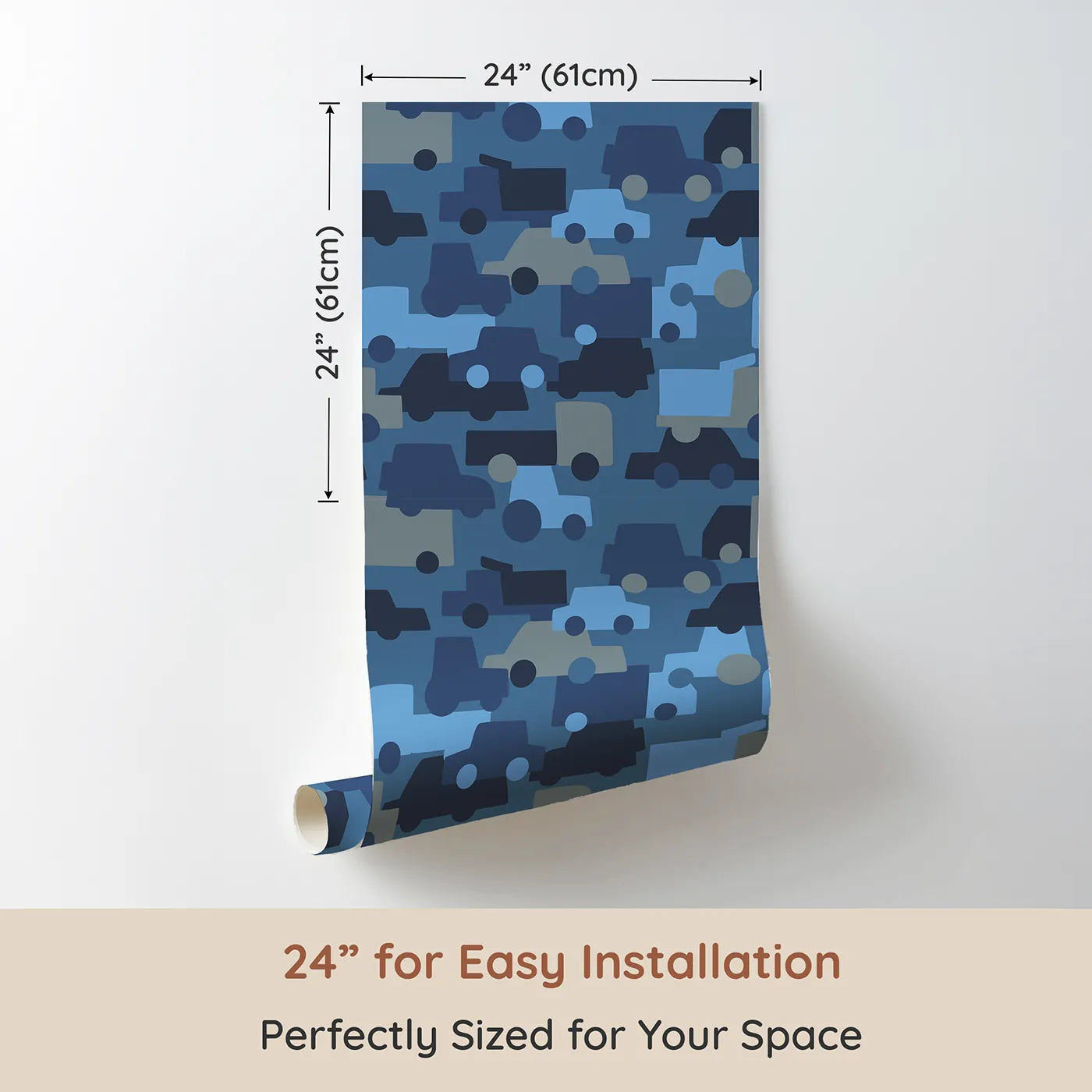 Dimension view of Whimsy Tots Blue Vehicle Camouflage Wallpaper (W2212). Printed in 24-inch-wide panel for easy installation. Where cars and trucks are hiding in plain sight.