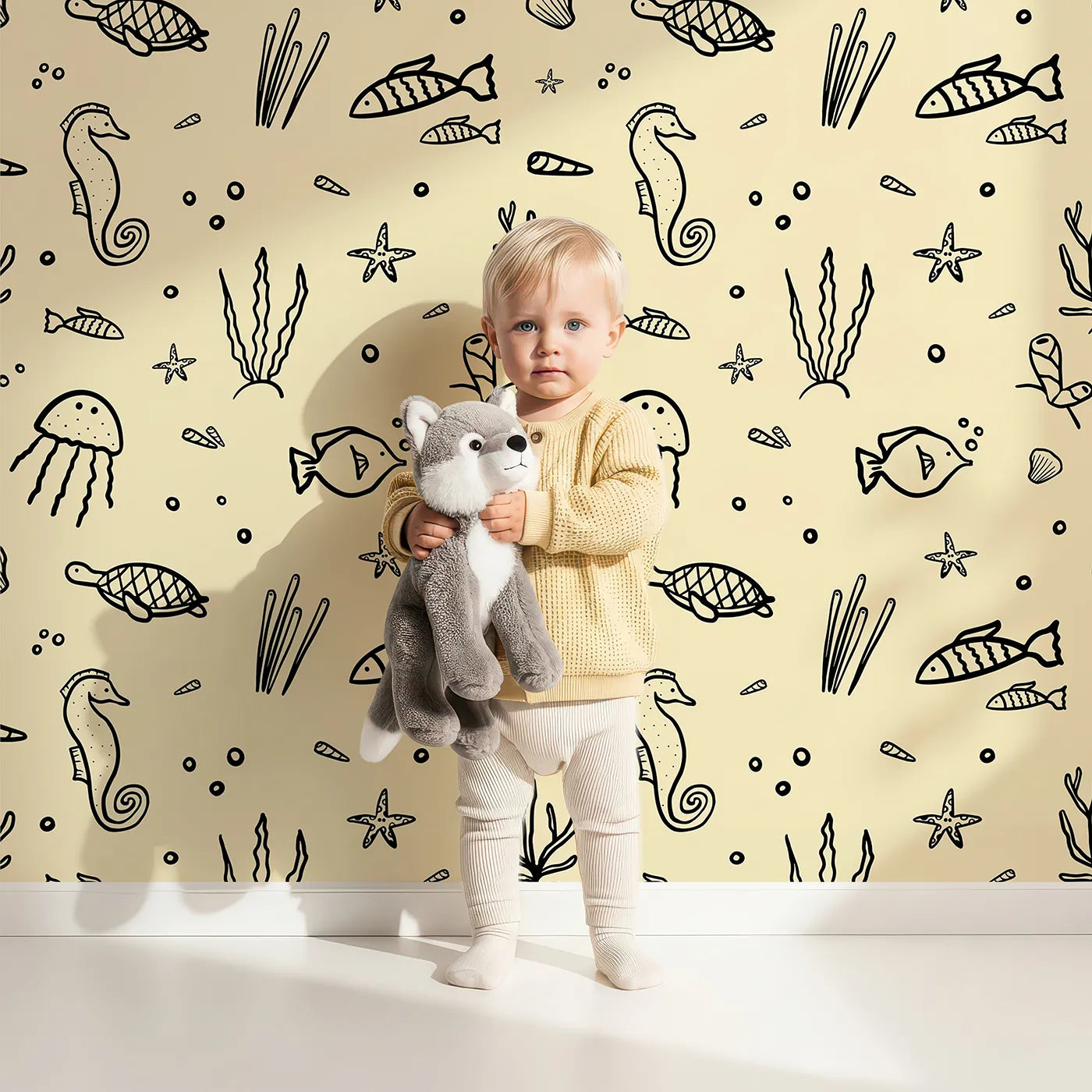 Lovely child standing in front of Whimsy Tots Ocean Doodle Wallpaper in Beige with ocean, sea, doodle, sketch, fish in design.