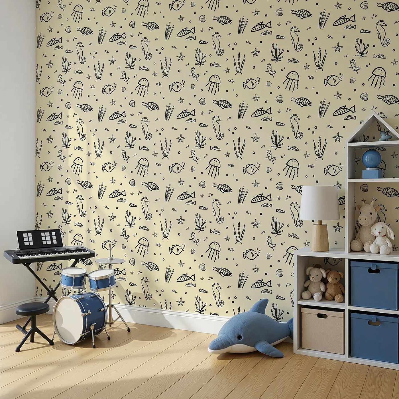 Angled view of Whimsy Tots' Ocean Doodle Wallpaper in Beige (W2213).Where the wonders of the sea are sketched in simple, charming style.