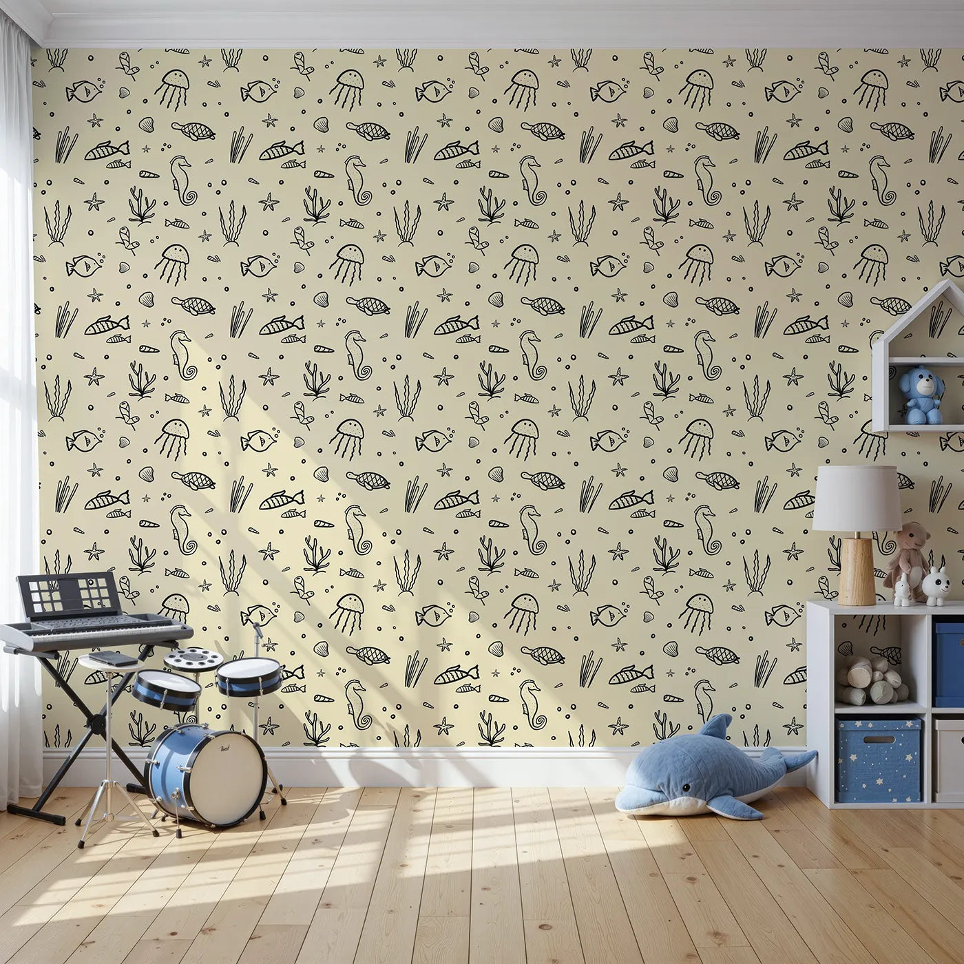 Front view of Whimsy Tots' Ocean Doodle Wallpaper in Beige