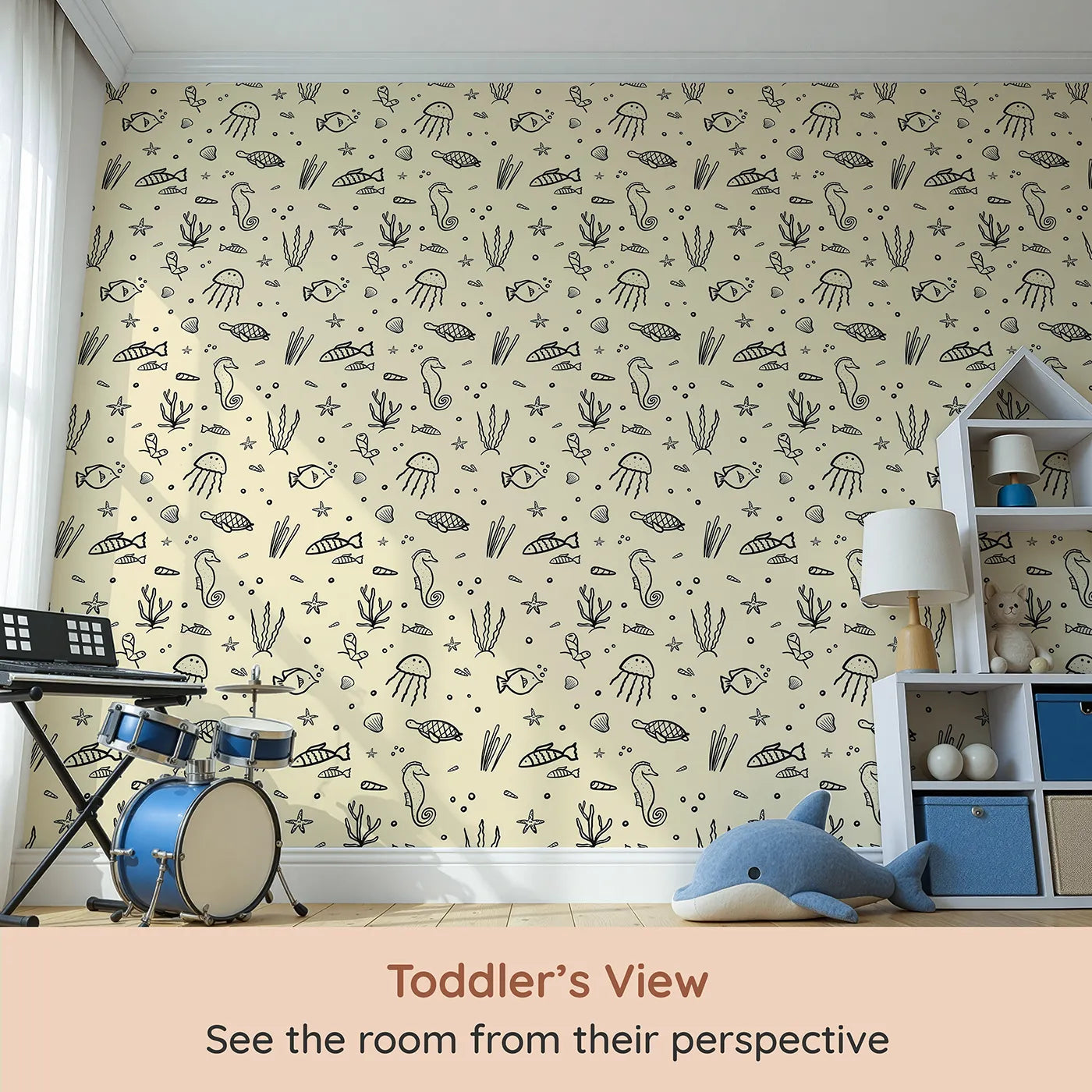 Whimsy Tots Ocean Doodle Wallpaper in Beige (W2213) from your child's view.Where the wonders of the sea are sketched in simple, charming style.