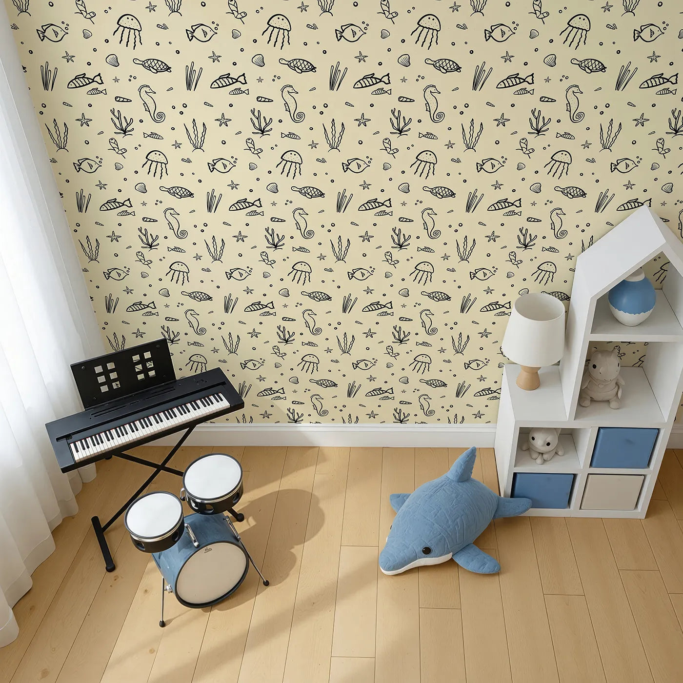 Top-Down view of Whimsy Tots' Ocean Doodle Wallpaper in Beige (W2213).Where the wonders of the sea are sketched in simple, charming style.
