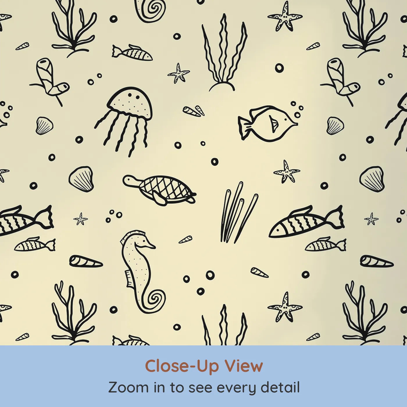 Close-up view of Whimsy Tots' Ocean Doodle Wallpaper in Beige (W2213).Where the wonders of the sea are sketched in simple, charming style.