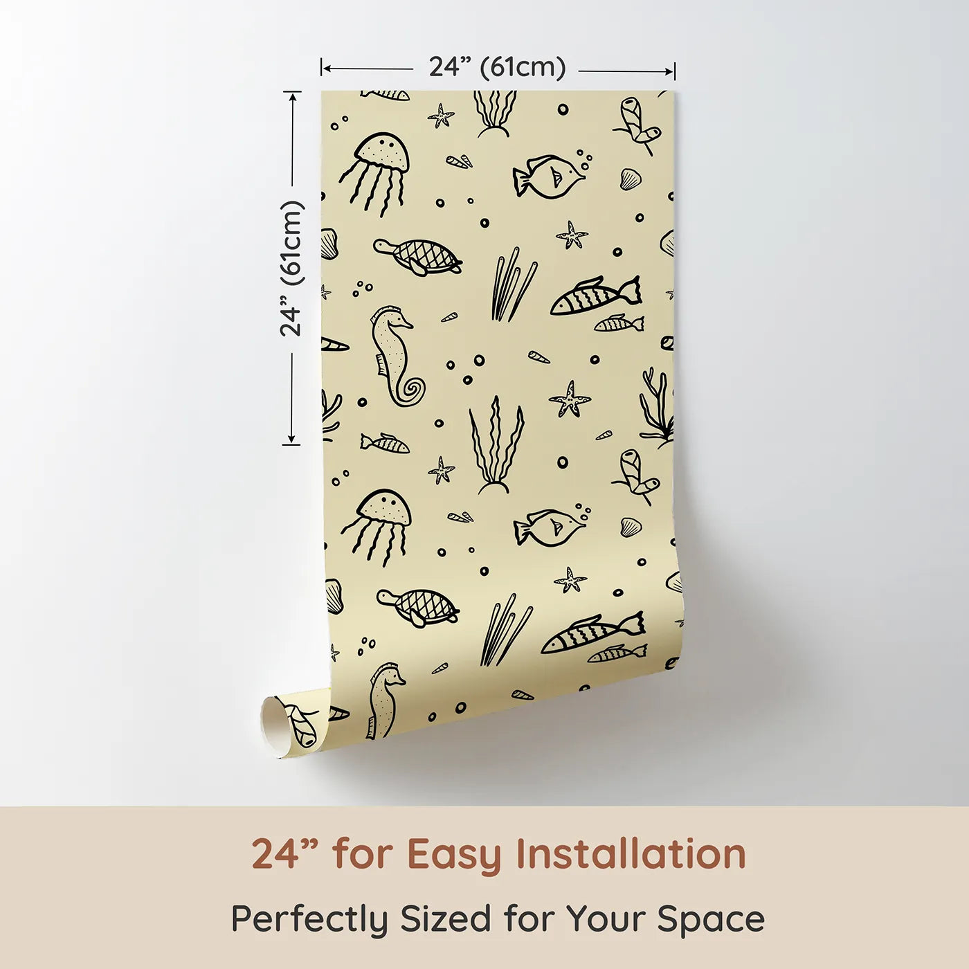 Dimension view of Whimsy Tots Ocean Doodle Wallpaper in Beige (W2213). Printed in 24-inch-wide panel for easy installation. Where the wonders of the sea are sketched in simple, charming style.