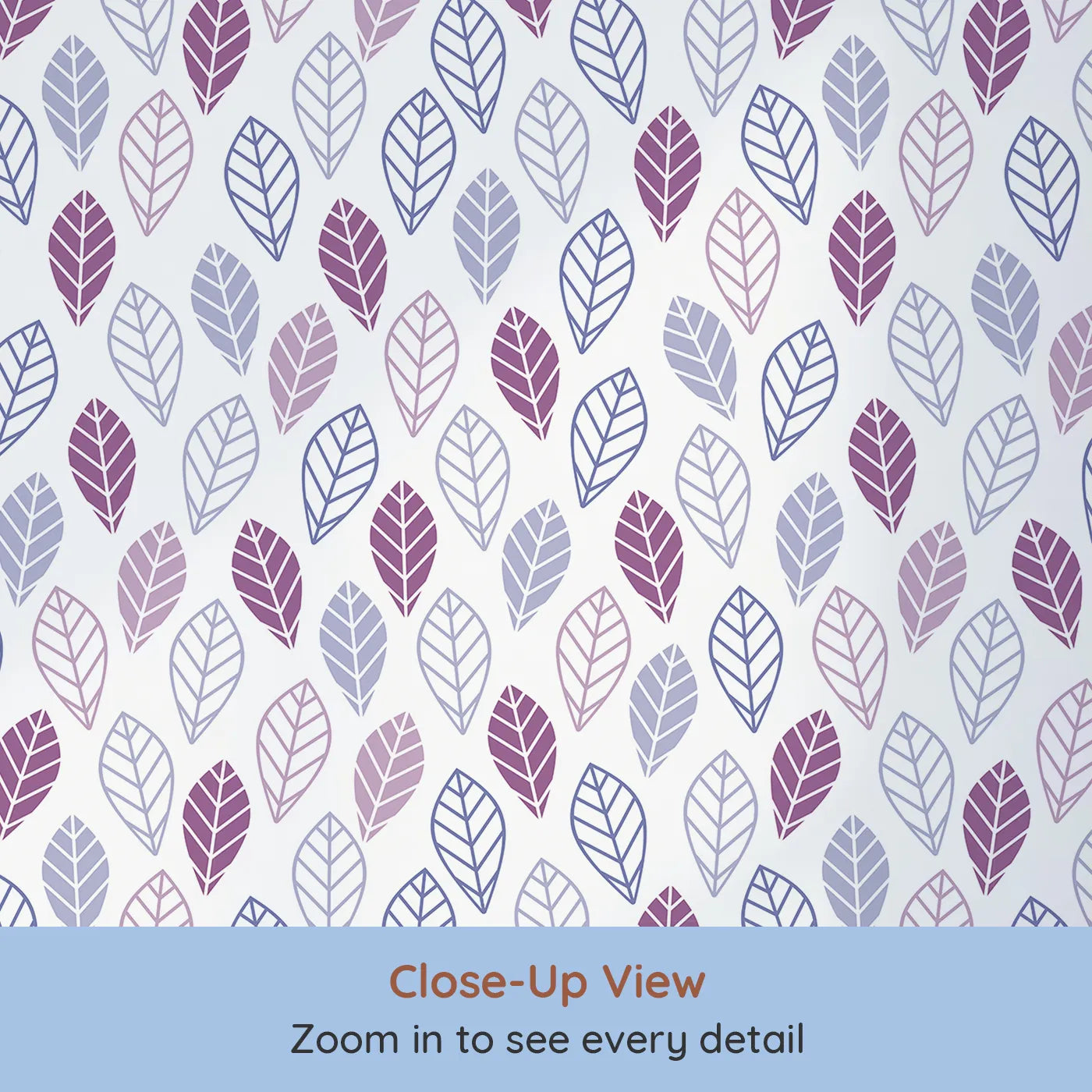 Close-up view of Whimsy Tots' Geometric Leaf Pattern Wallpaper in Purple (W2214).Where simple, graphic leaves create a cool and calming pattern.