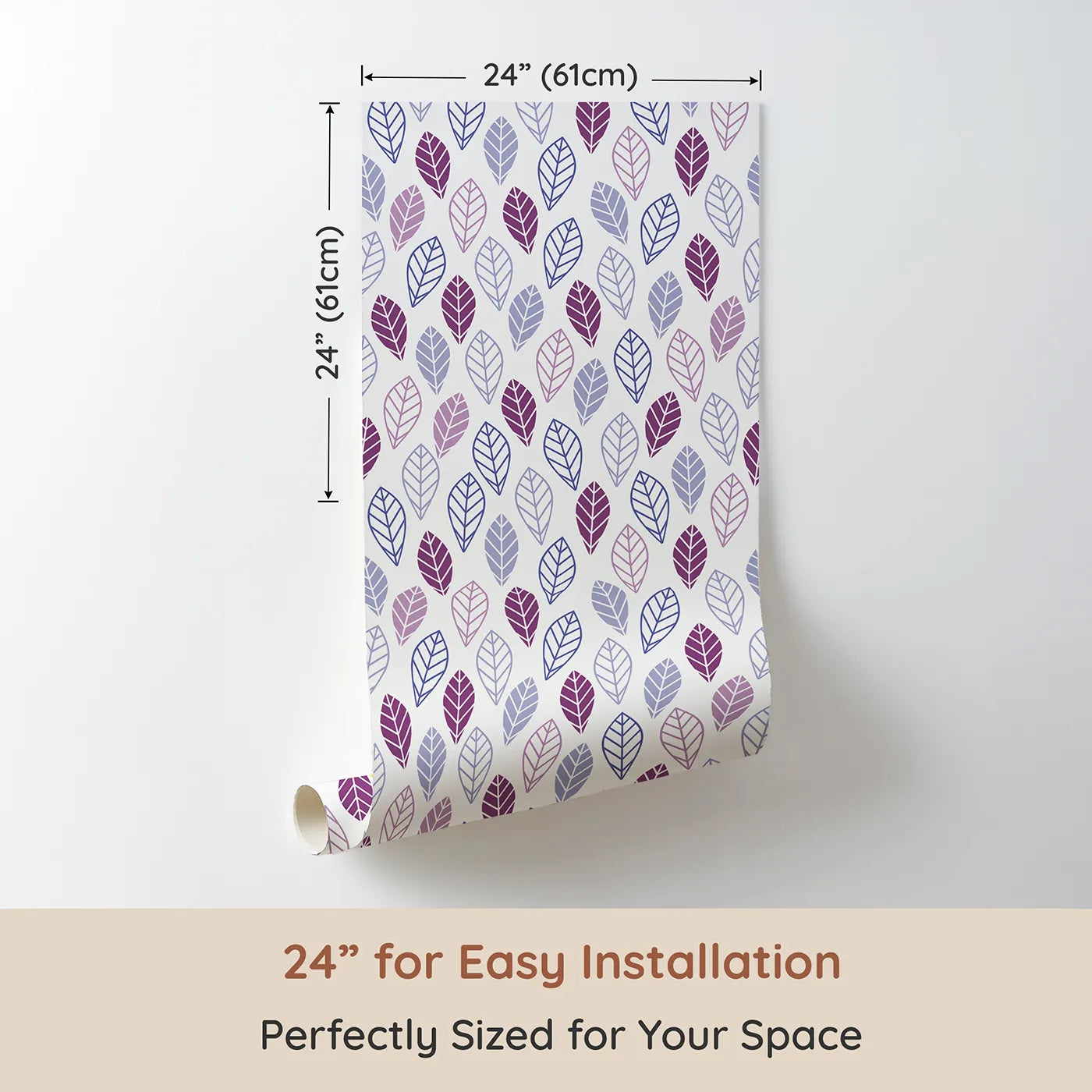 Dimension view of Whimsy Tots Geometric Leaf Pattern Wallpaper in Purple (W2214). Printed in 24-inch-wide panel for easy installation. Where simple, graphic leaves create a cool and calming pattern.