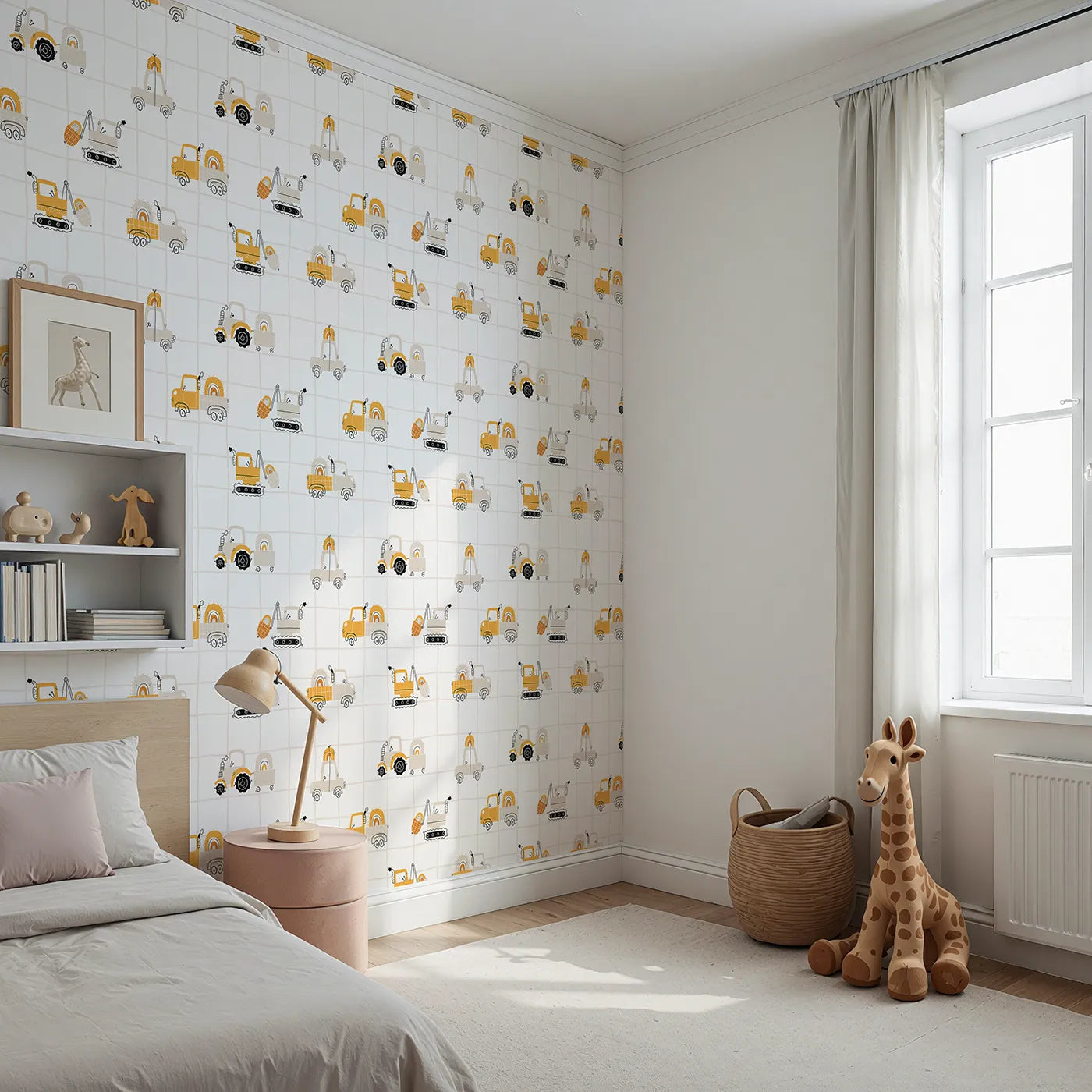 Angled view of Whimsy Tots' Rainbow Truck Grid Wallpaper (W2215).Where cheerful trucks carry rainbows on a modern grid.