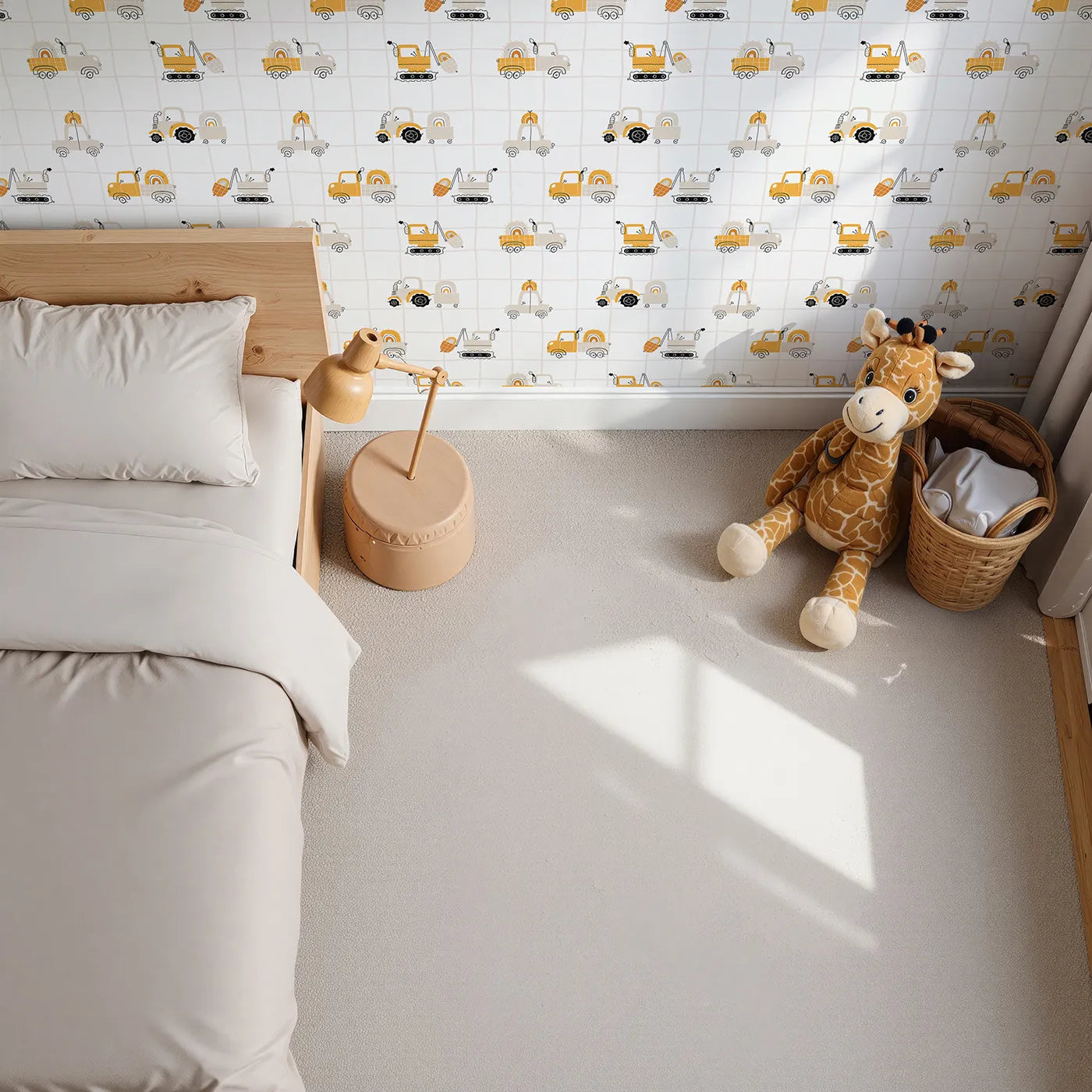 Top-Down view of Whimsy Tots' Rainbow Truck Grid Wallpaper (W2215).Where cheerful trucks carry rainbows on a modern grid.