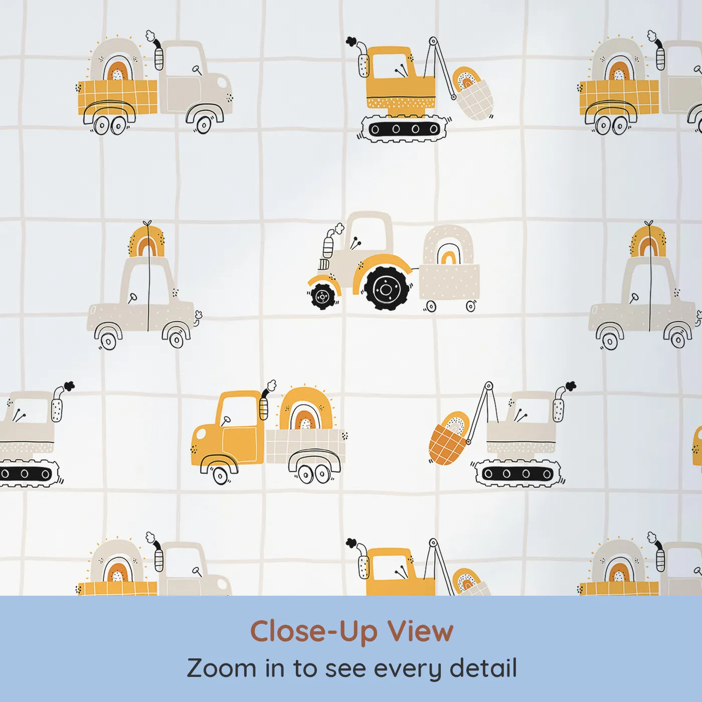 Close-up view of Whimsy Tots' Rainbow Truck Grid Wallpaper (W2215).Where cheerful trucks carry rainbows on a modern grid.