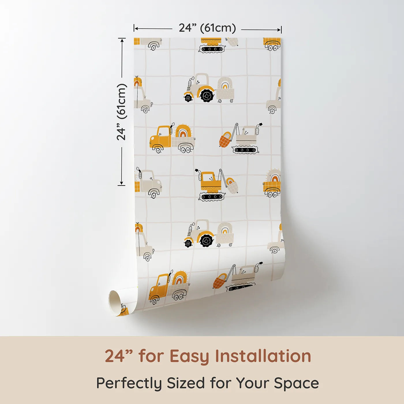 Dimension view of Whimsy Tots Rainbow Truck Grid Wallpaper (W2215). Printed in 24-inch-wide panel for easy installation. Where cheerful trucks carry rainbows on a modern grid.