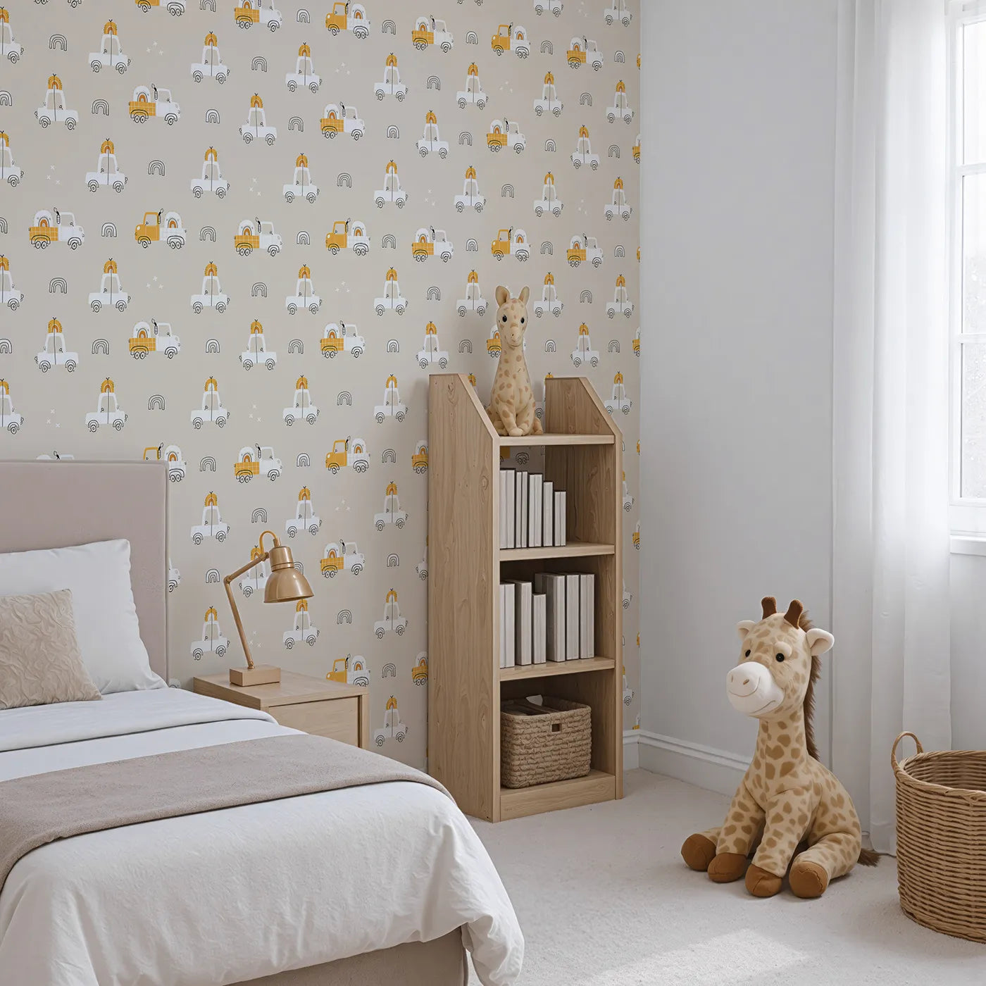 Angled view of Whimsy Tots' Rainbow Delivery Trucks Wallpaper (W2216).Where every truck is on a happy mission to deliver a rainbow.