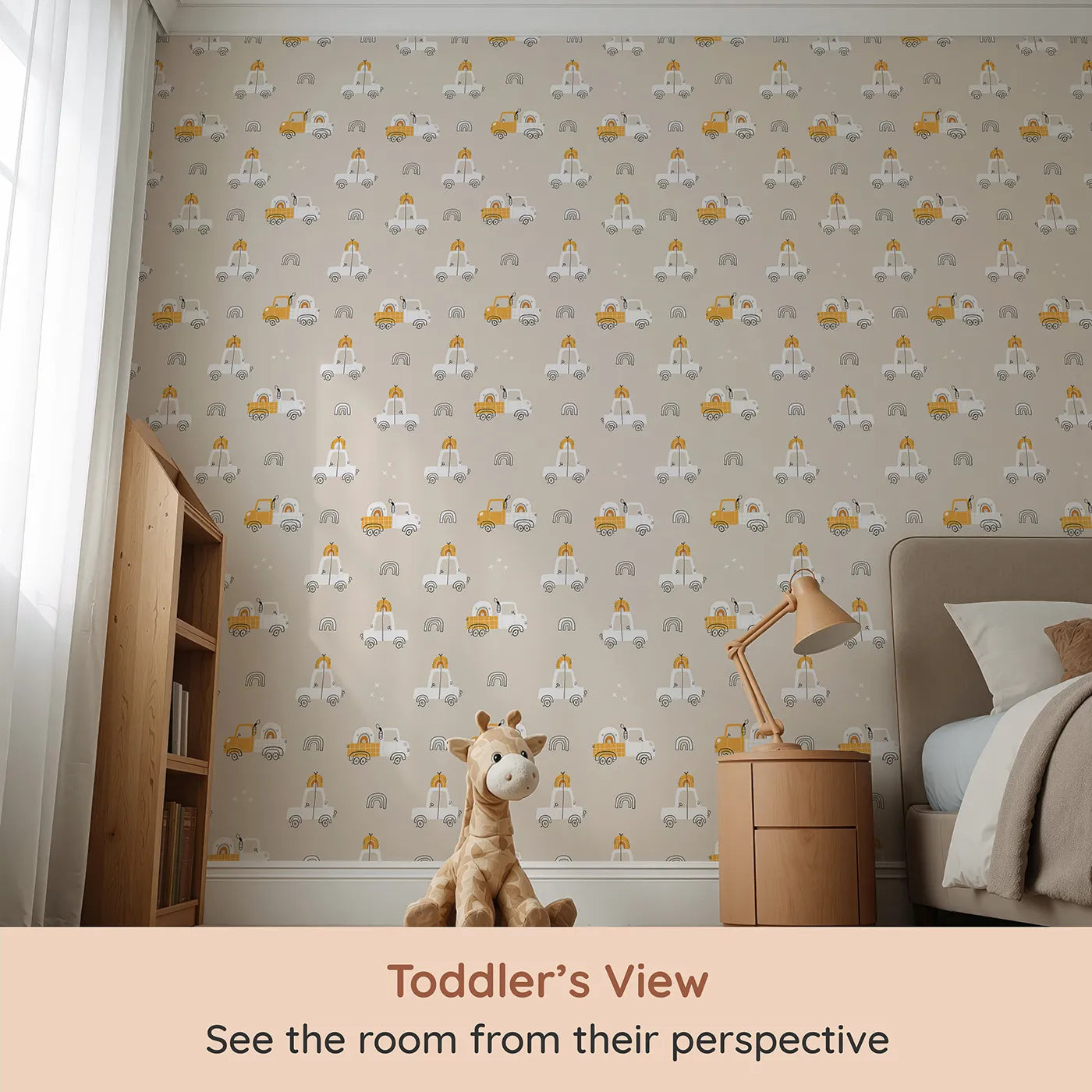 Whimsy Tots Rainbow Delivery Trucks Wallpaper (W2216) from your child's view.Where every truck is on a happy mission to deliver a rainbow.