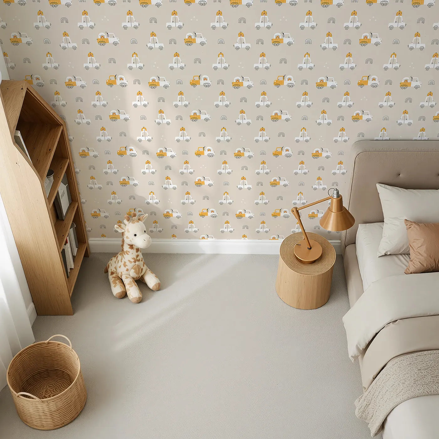 Top-Down view of Whimsy Tots' Rainbow Delivery Trucks Wallpaper (W2216).Where every truck is on a happy mission to deliver a rainbow.