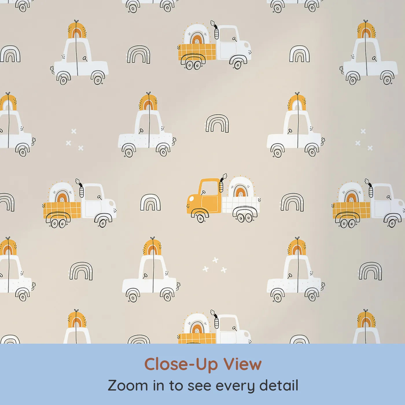 Close-up view of Whimsy Tots' Rainbow Delivery Trucks Wallpaper (W2216).Where every truck is on a happy mission to deliver a rainbow.