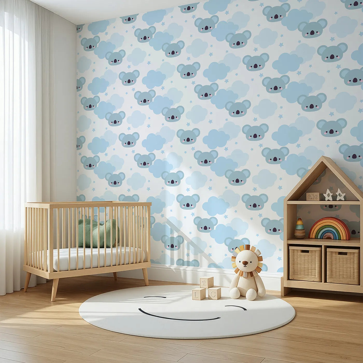 Angled view of Whimsy Tots' Koala Cloud Dreams Wallpaper (W2217).Where cute koala faces peek out from behind soft, blue clouds.