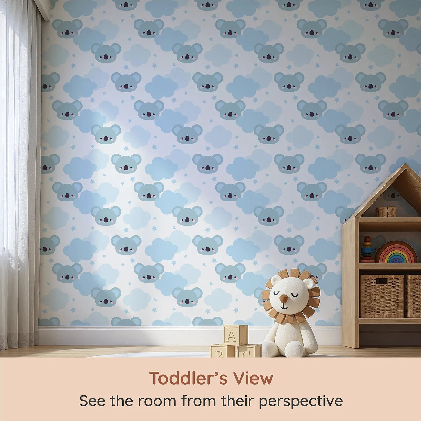 Whimsy Tots Koala Cloud Dreams Wallpaper (W2217) from your child's view.Where cute koala faces peek out from behind soft, blue clouds.