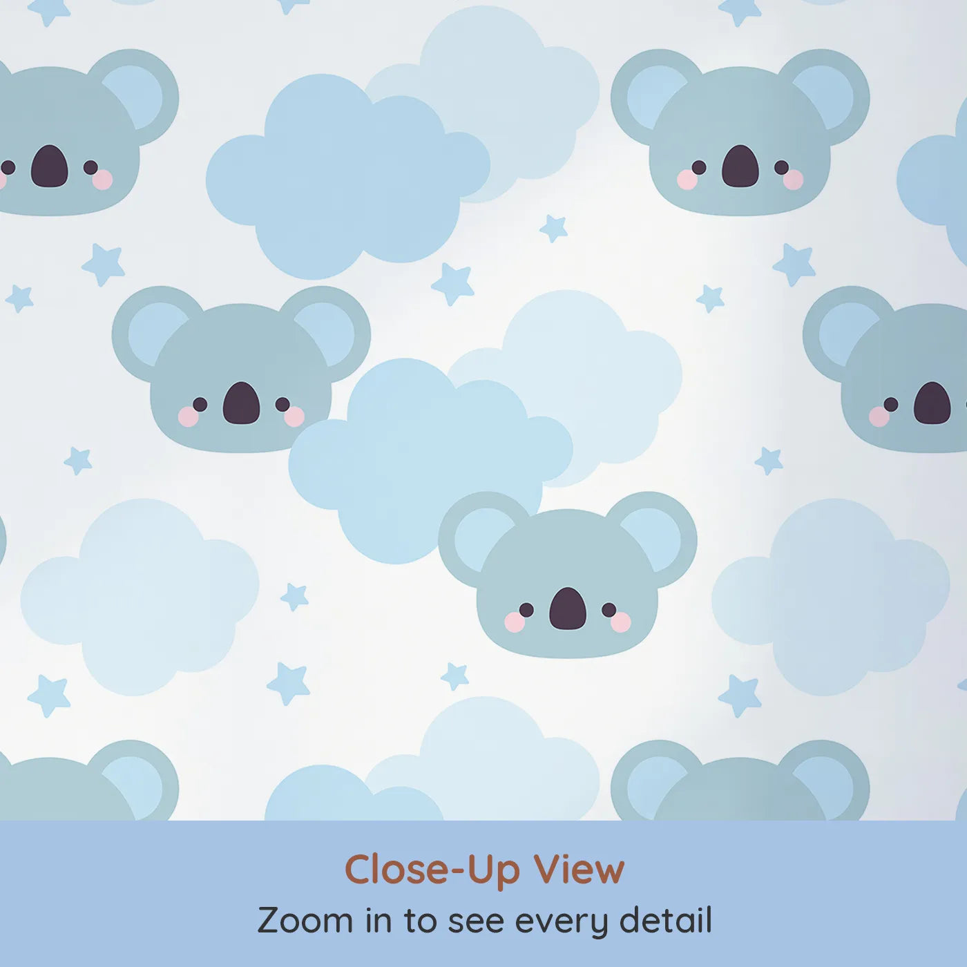 Close-up view of Whimsy Tots' Koala Cloud Dreams Wallpaper (W2217).Where cute koala faces peek out from behind soft, blue clouds.