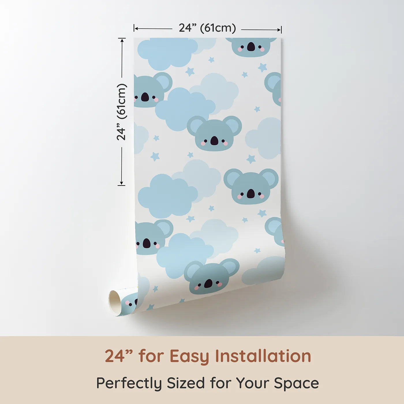 Dimension view of Whimsy Tots Koala Cloud Dreams Wallpaper (W2217). Printed in 24-inch-wide panel for easy installation. Where cute koala faces peek out from behind soft, blue clouds.