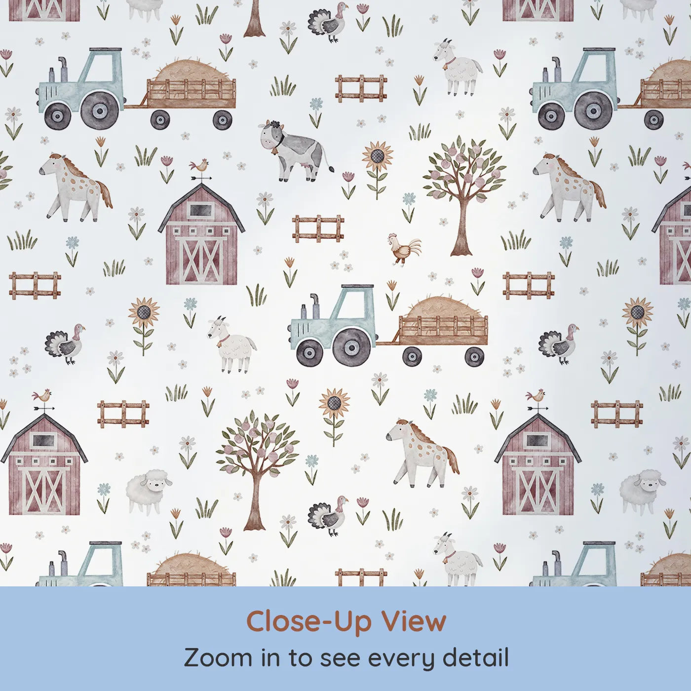 Close-up view of Whimsy Tots' Watercolor Country Farm Life Wallpaper (W2219).Where a whole world of country life is painted with a gentle hand.