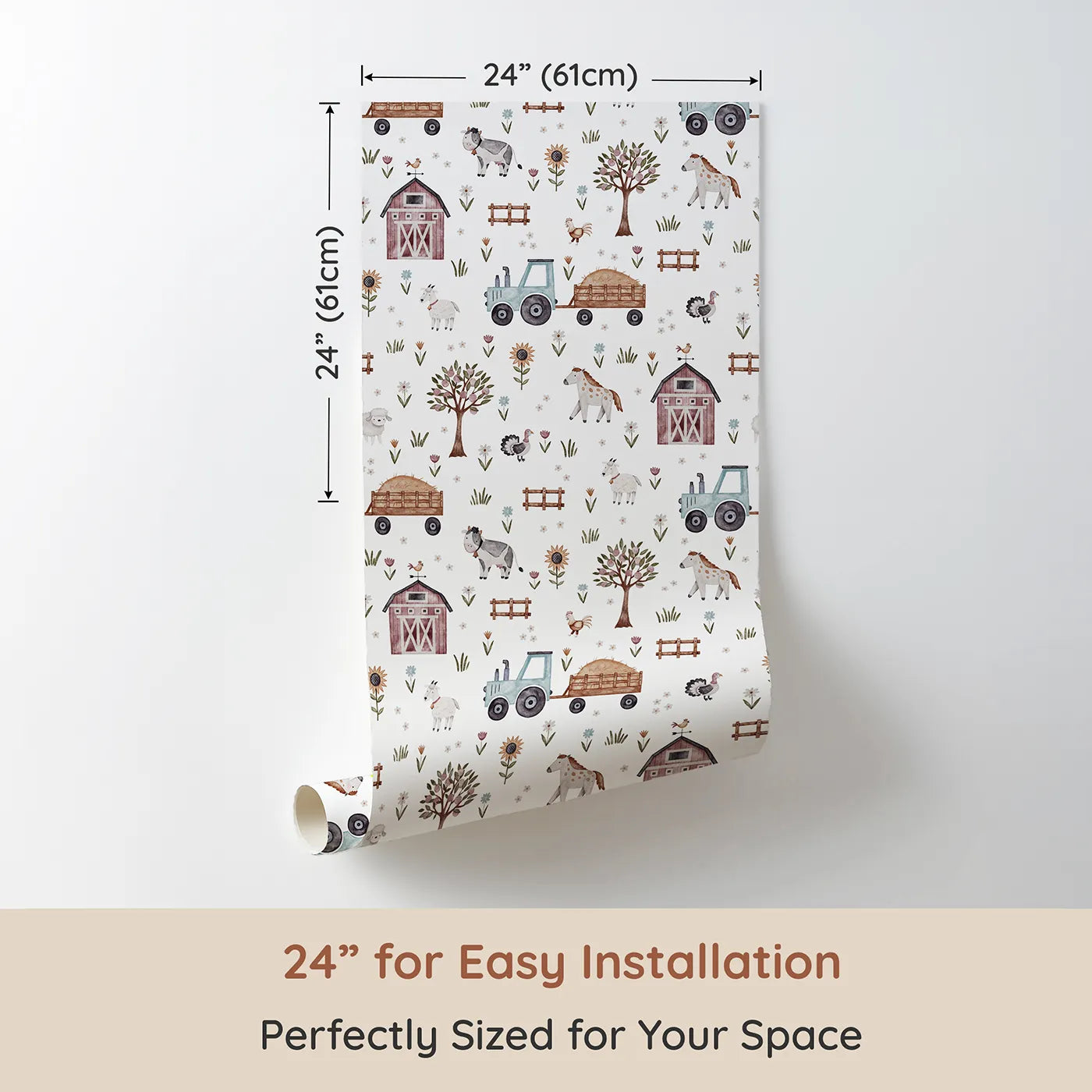 Dimension view of Whimsy Tots Watercolor Country Farm Life Wallpaper (W2219). Printed in 24-inch-wide panel for easy installation. Where a whole world of country life is painted with a gentle hand.