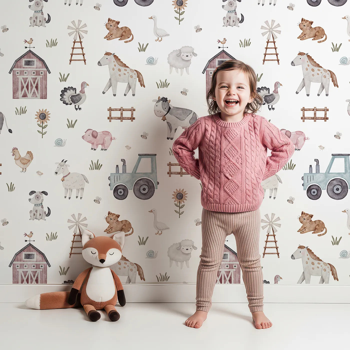 Lovely child standing in front of Whimsy Tots Watercolor Farm Animal Parade Wallpaper with farm, animal, barn, cute, watercolor in design.