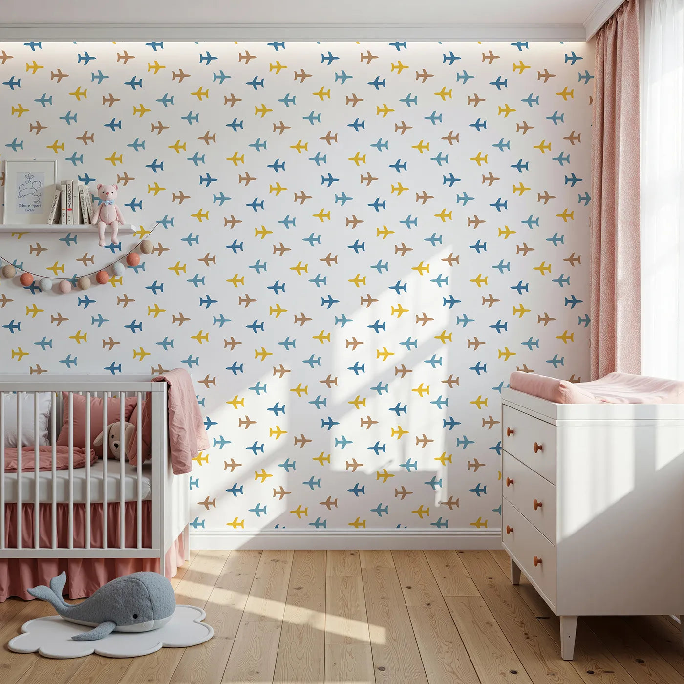 Front view of Whimsy Tots' Minimalist Airplane Scatter Wallpaper