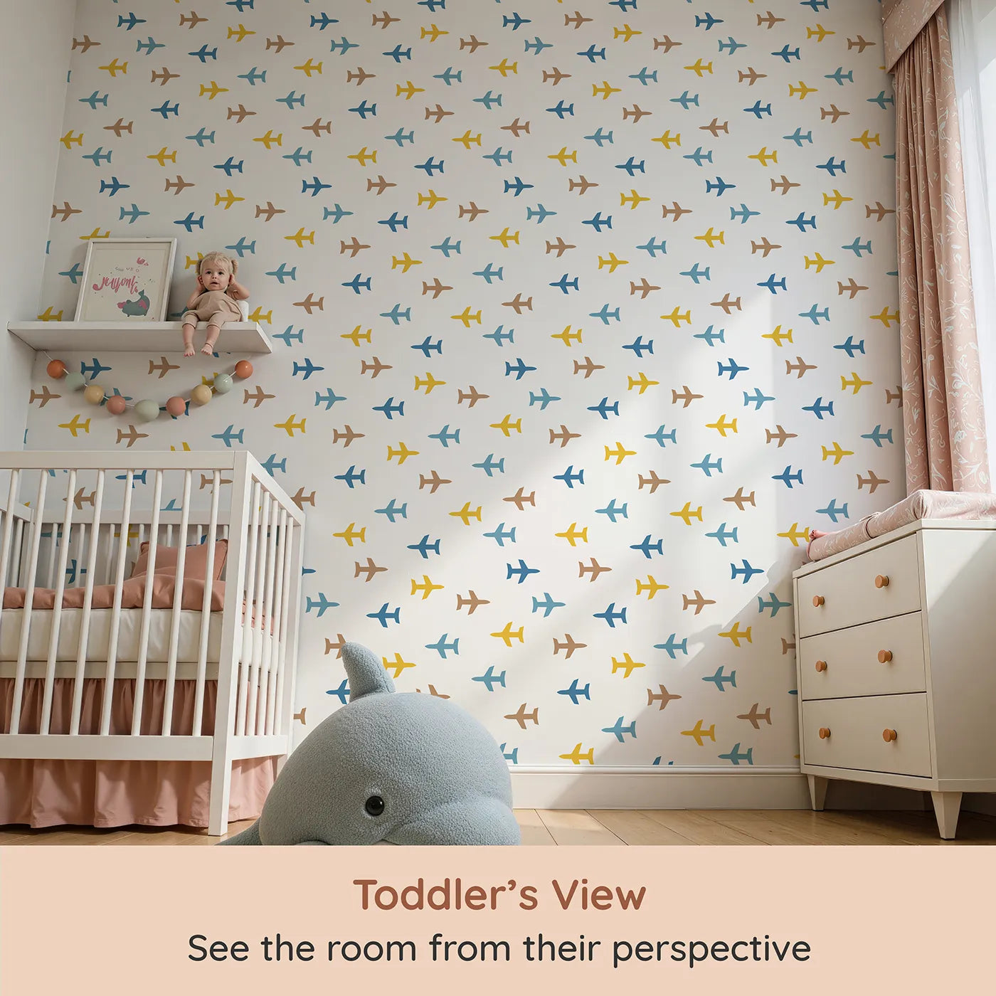 Whimsy Tots Minimalist Airplane Scatter Wallpaper (W2221) from your child's view.Where a fleet of colorful planes is ready for adventure.