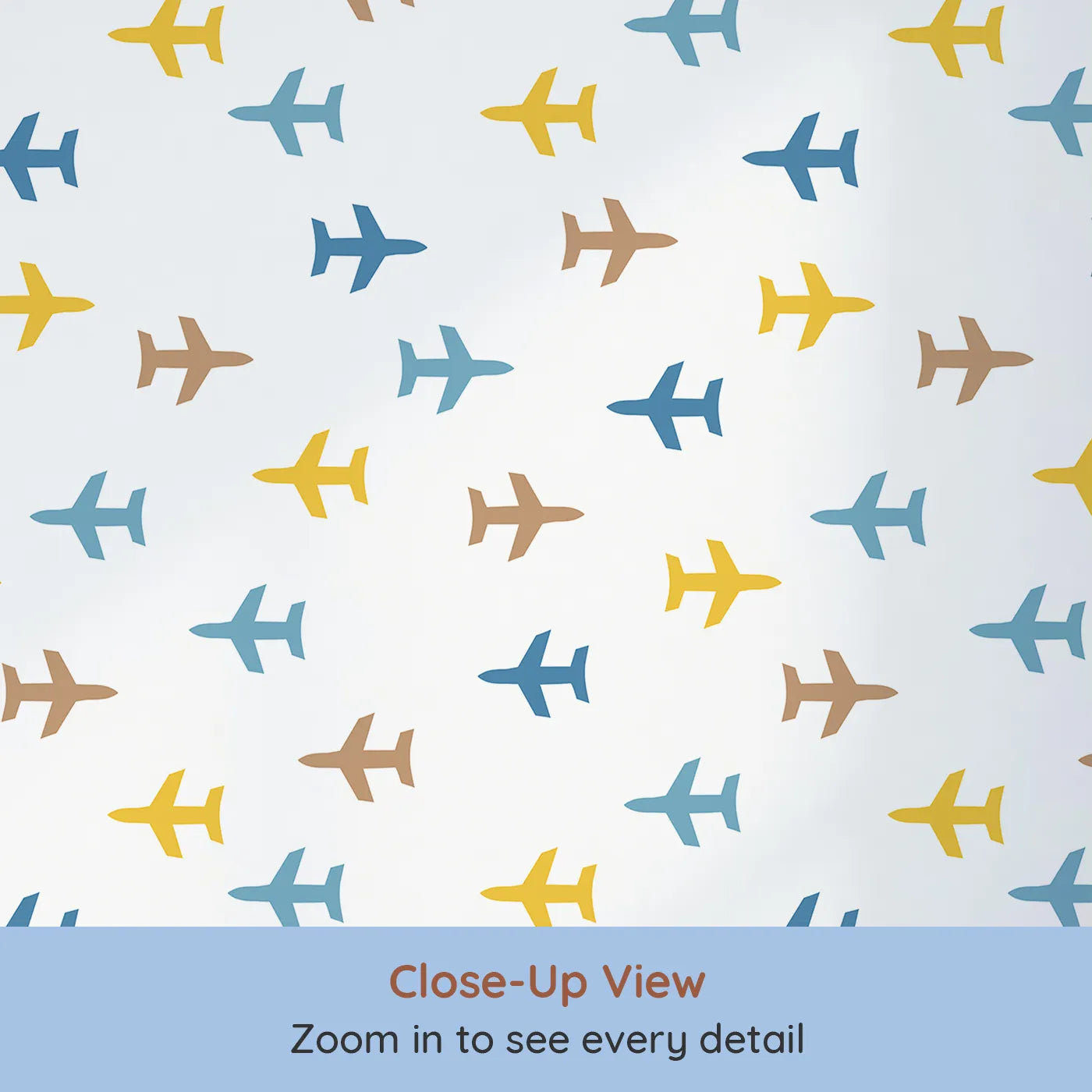 Close-up view of Whimsy Tots' Minimalist Airplane Scatter Wallpaper (W2221).Where a fleet of colorful planes is ready for adventure.