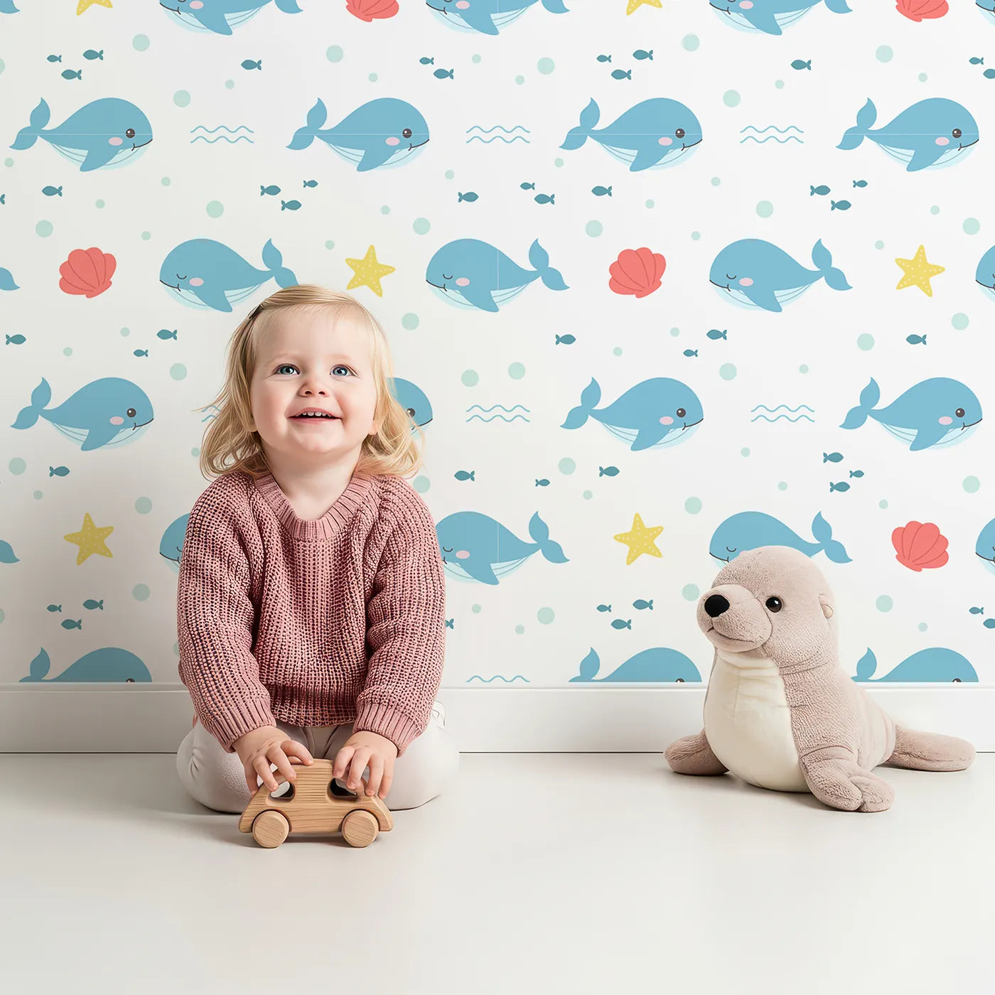 Lovely child standing in front of Whimsy Tots Happy Whale Friends Wallpaper with whale, fish, starfish, shell, ocean in design.