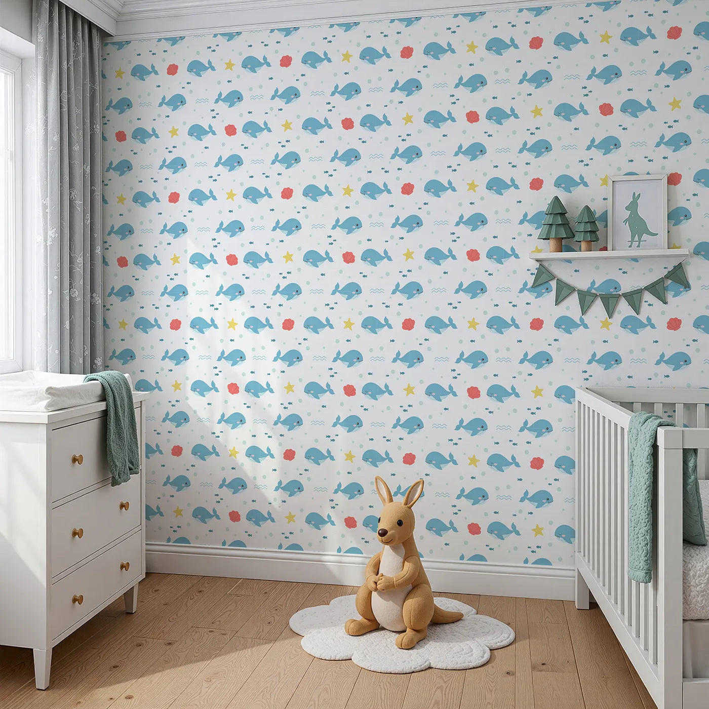 Angled view of Whimsy Tots' Happy Whale Friends Wallpaper (W2222).Where happy whales and their friends are having a bubble-filled party.