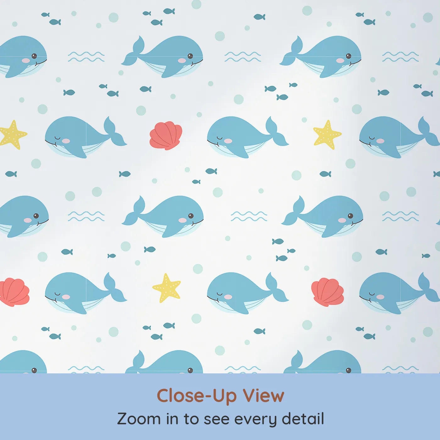 Close-up view of Whimsy Tots' Happy Whale Friends Wallpaper (W2222).Where happy whales and their friends are having a bubble-filled party.