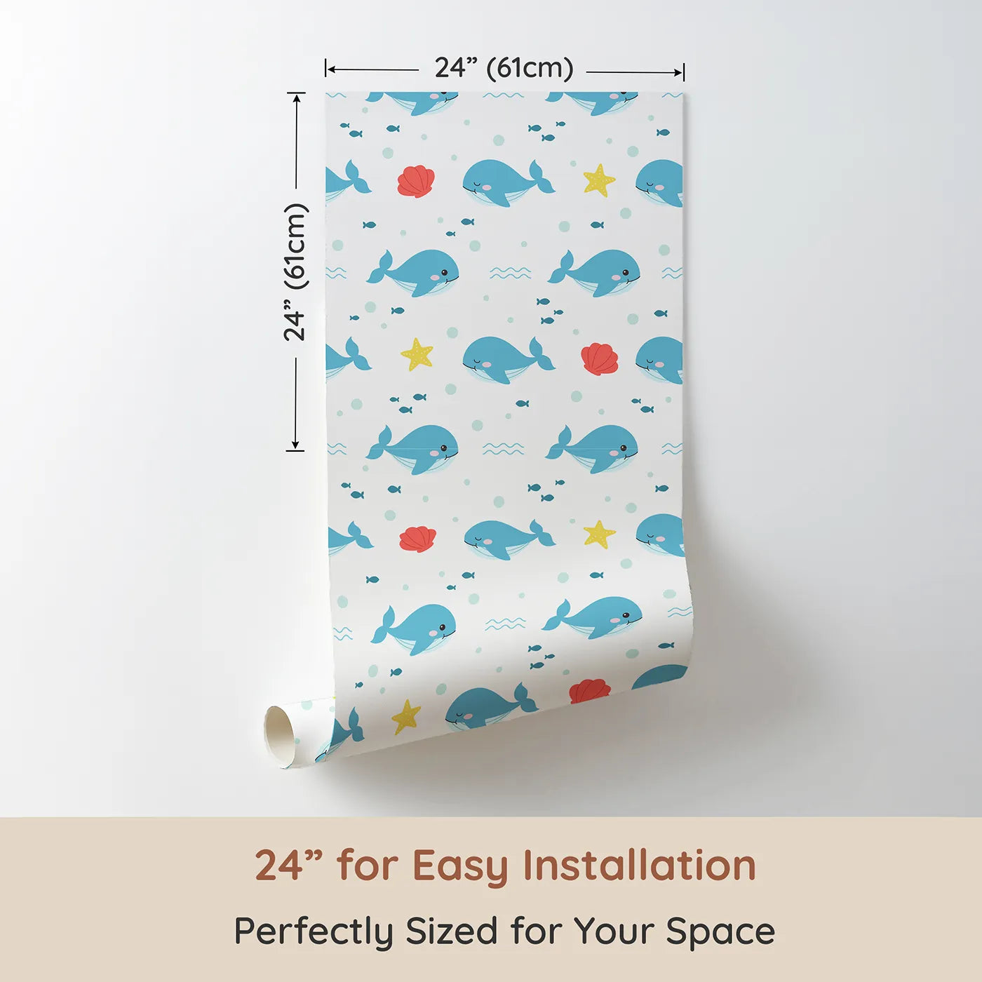 Dimension view of Whimsy Tots Happy Whale Friends Wallpaper (W2222). Printed in 24-inch-wide panel for easy installation. Where happy whales and their friends are having a bubble-filled party.