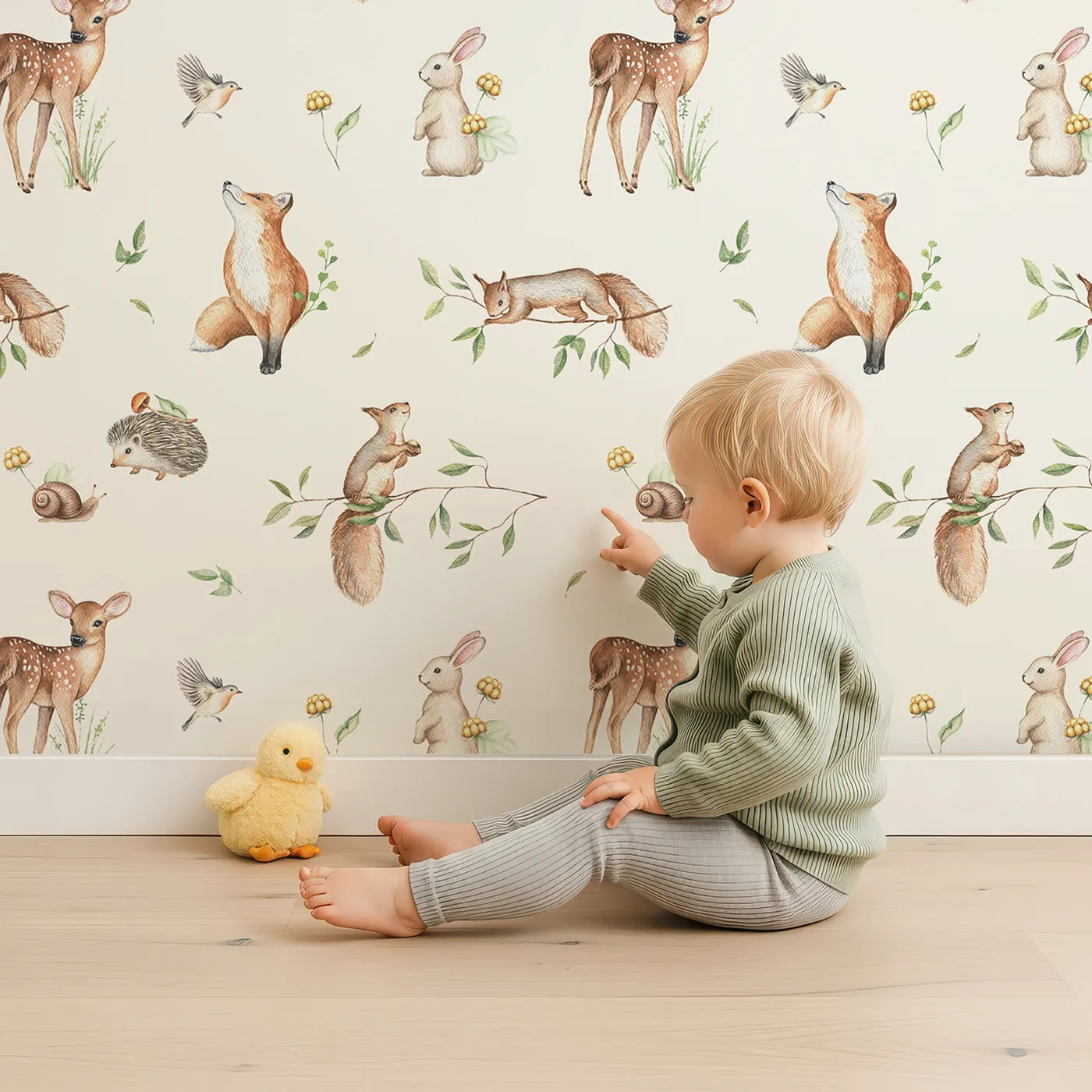 Lovely child standing in front of Whimsy Tots Realistic Woodland Gathering Wallpaper with woodland, animal, realistic, watercolor, forest in design.