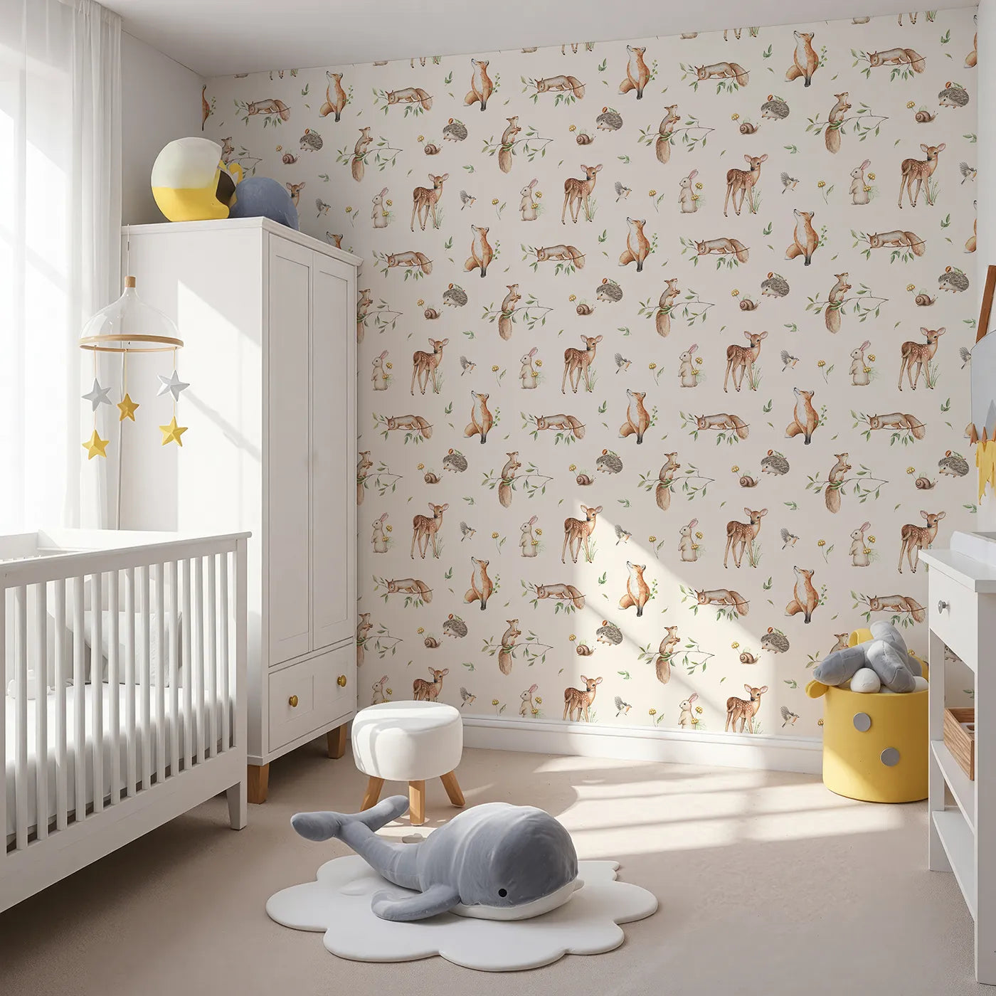 Angled view of Whimsy Tots' Realistic Woodland Gathering Wallpaper (W2223).Where a whole community of woodland creatures lives in harmony.
