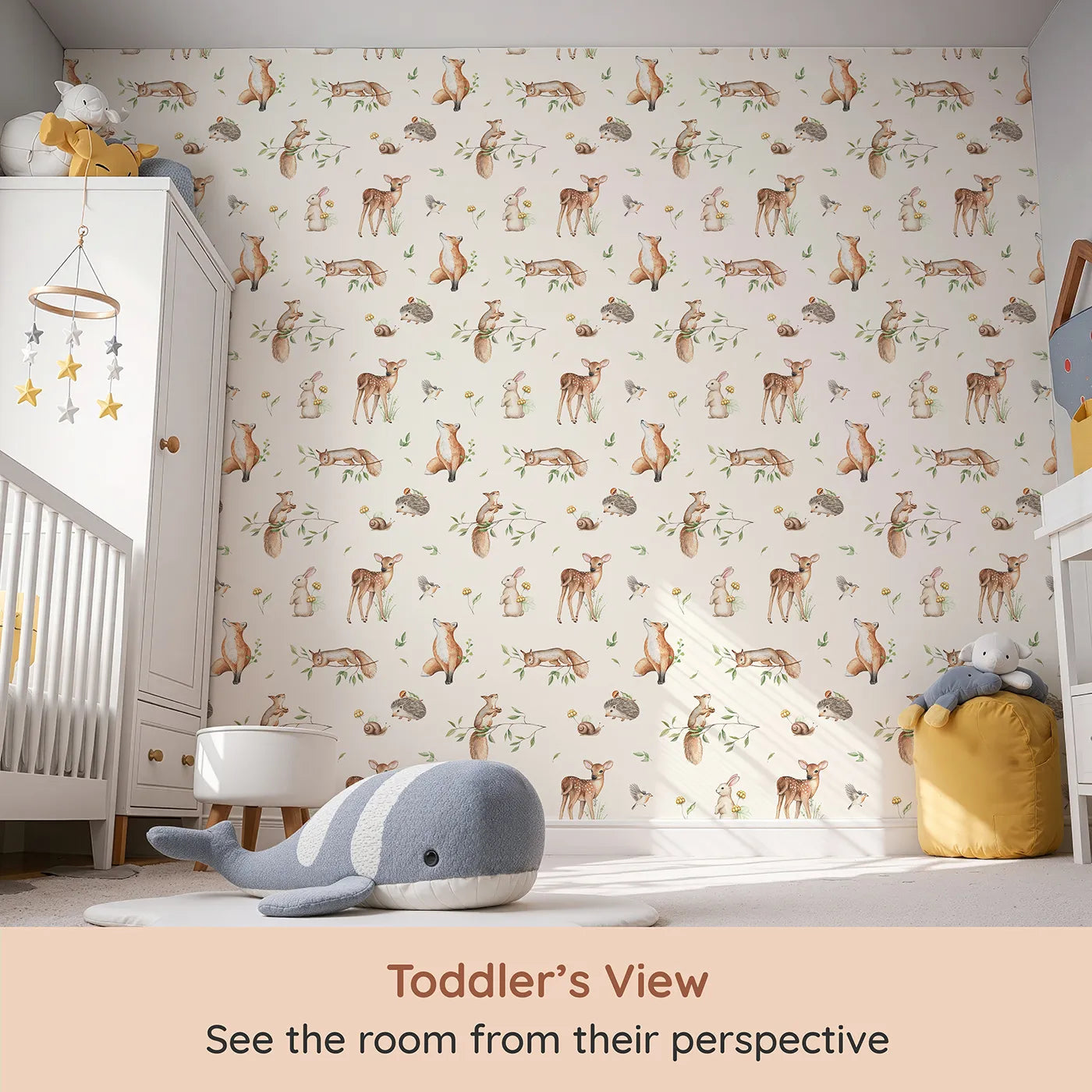 Whimsy Tots Realistic Woodland Gathering Wallpaper (W2223) from your child's view.Where a whole community of woodland creatures lives in harmony.