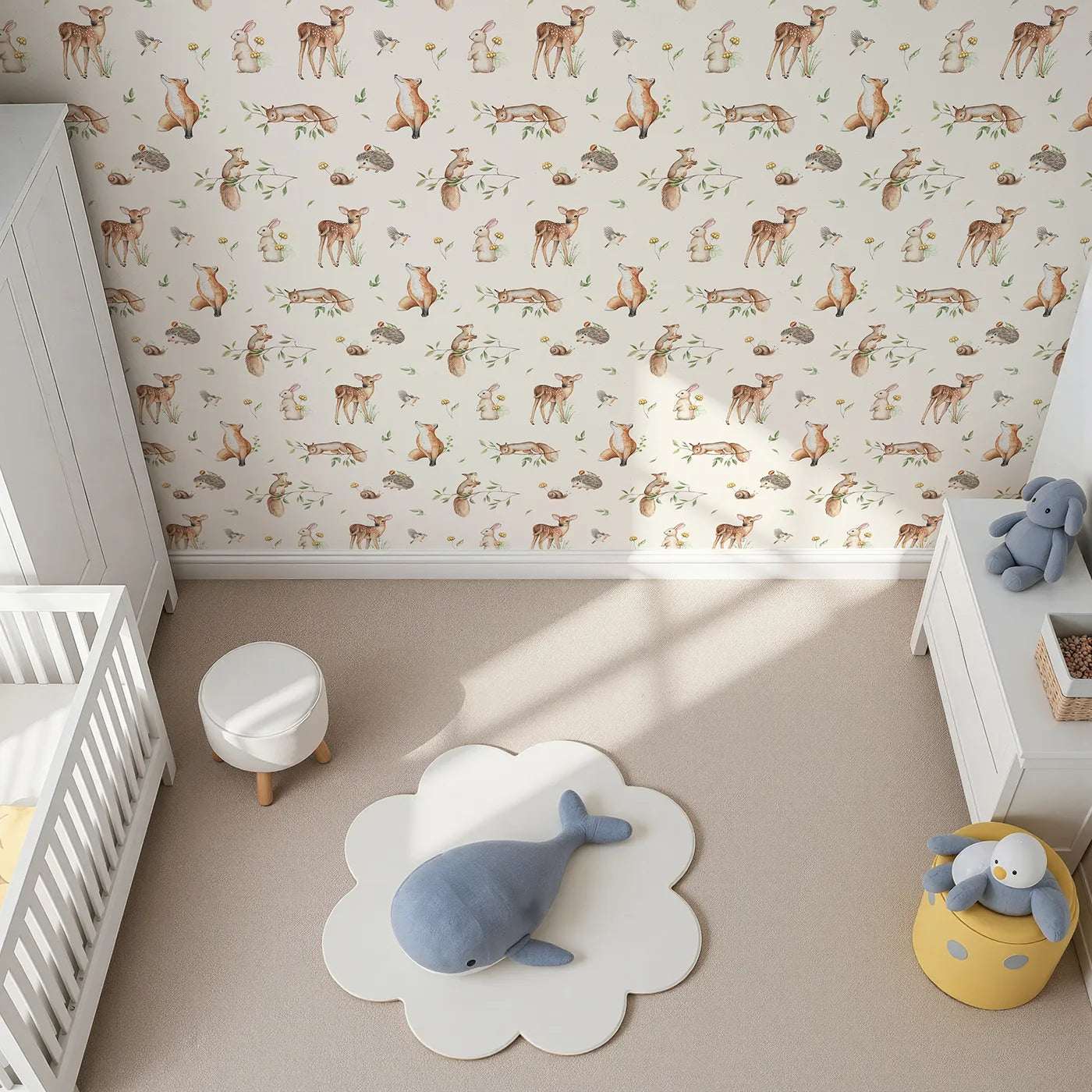 Top-Down view of Whimsy Tots' Realistic Woodland Gathering Wallpaper (W2223).Where a whole community of woodland creatures lives in harmony.