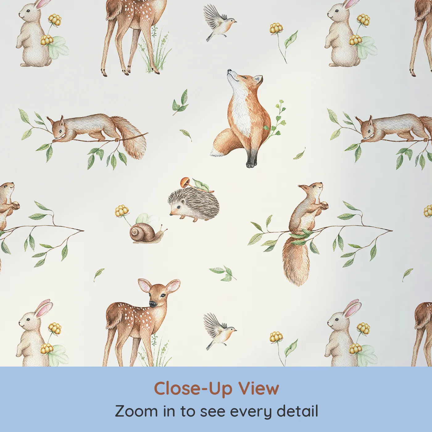 Close-up view of Whimsy Tots' Realistic Woodland Gathering Wallpaper (W2223).Where a whole community of woodland creatures lives in harmony.