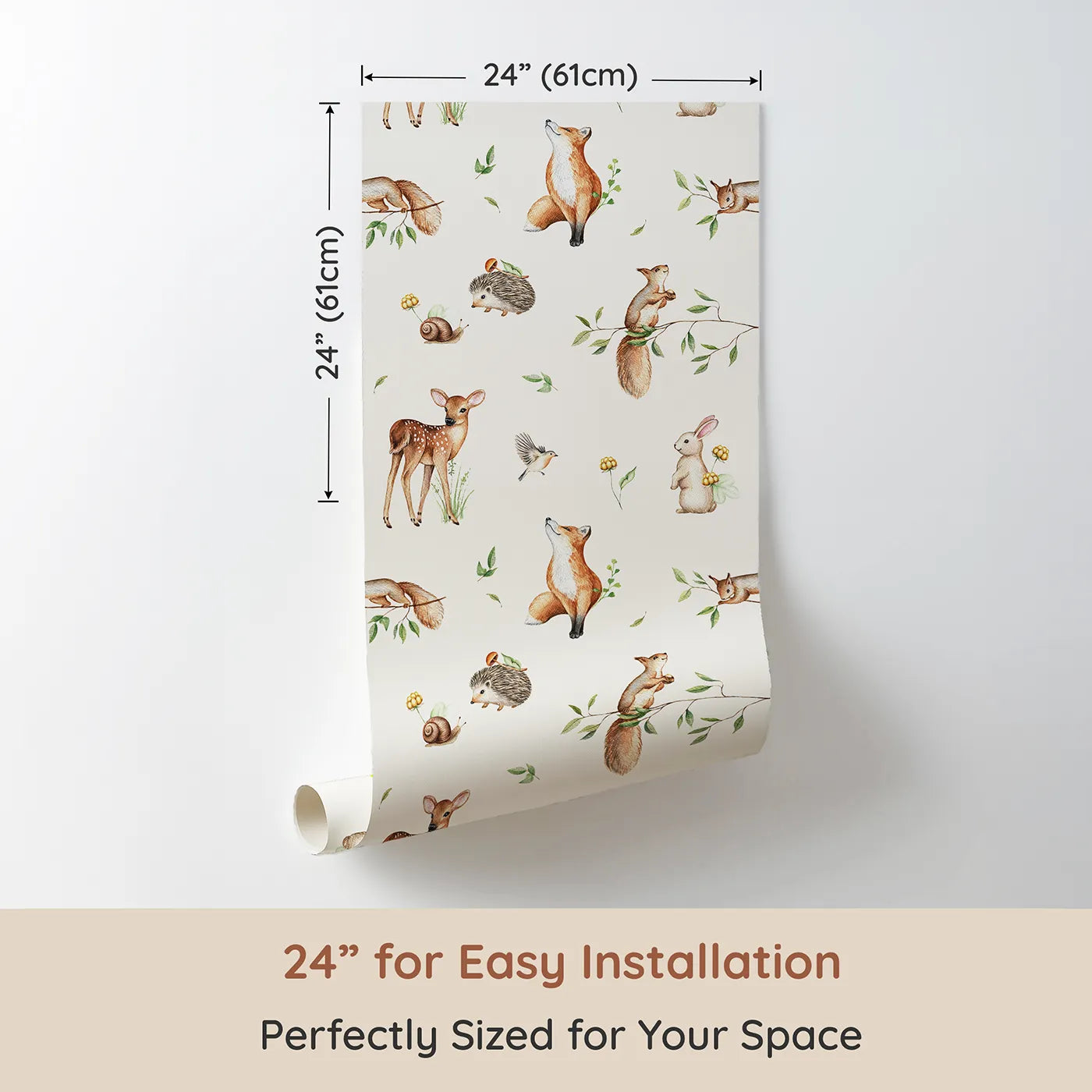 Dimension view of Whimsy Tots Realistic Woodland Gathering Wallpaper (W2223). Printed in 24-inch-wide panel for easy installation. Where a whole community of woodland creatures lives in harmony.