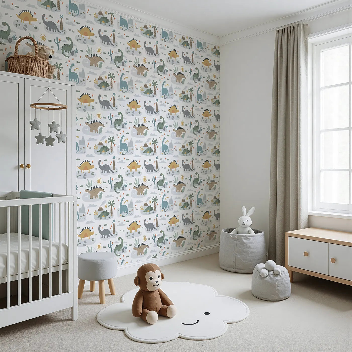 Angled view of Whimsy Tots' Playful Dinosaur Land Wallpaper (W2224).Where friendly dinosaurs play under a happy, smiling sun.