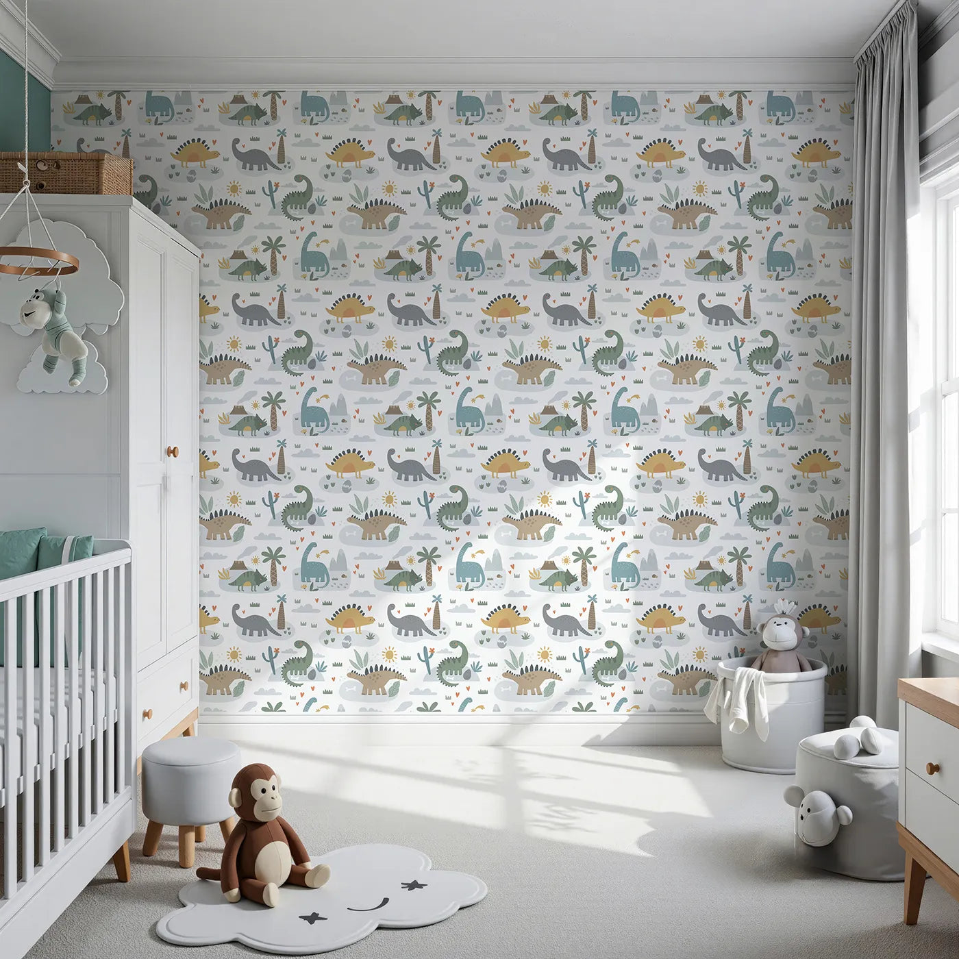 Front view of Whimsy Tots' Playful Dinosaur Land Wallpaper