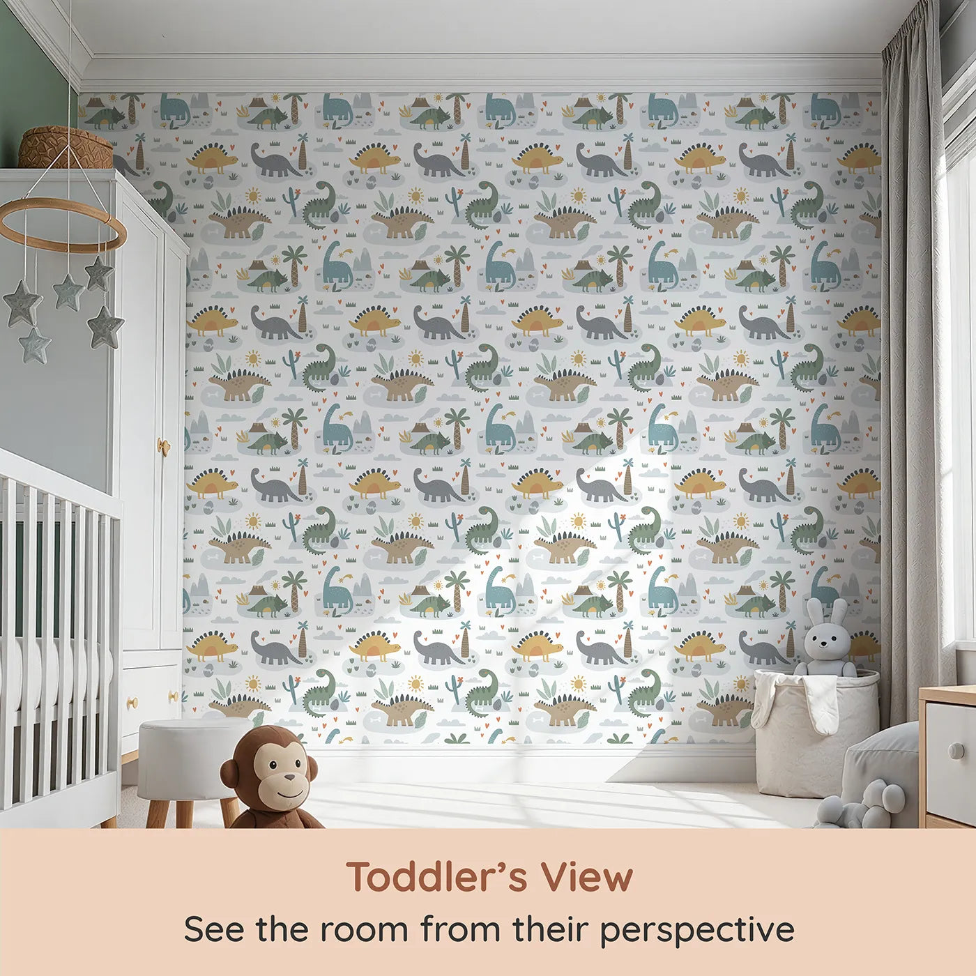 Whimsy Tots Playful Dinosaur Land Wallpaper (W2224) from your child's view.Where friendly dinosaurs play under a happy, smiling sun.