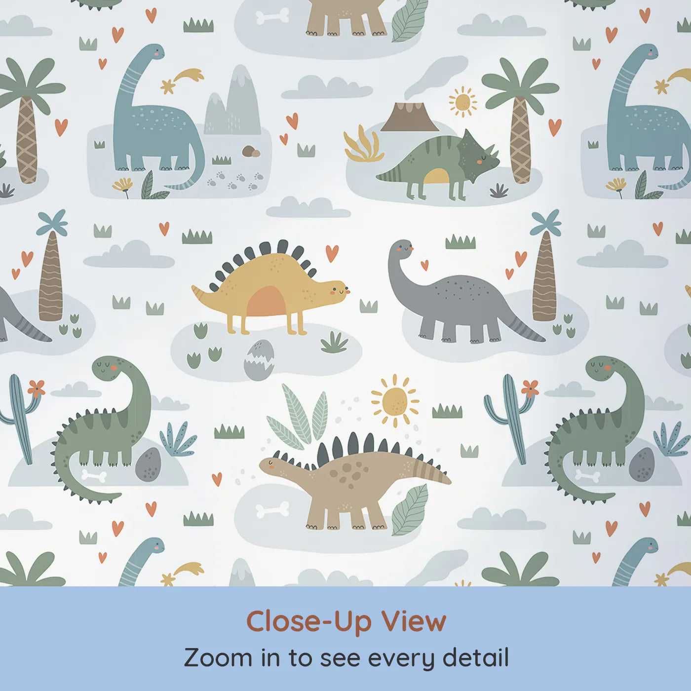 Close-up view of Whimsy Tots' Playful Dinosaur Land Wallpaper (W2224).Where friendly dinosaurs play under a happy, smiling sun.