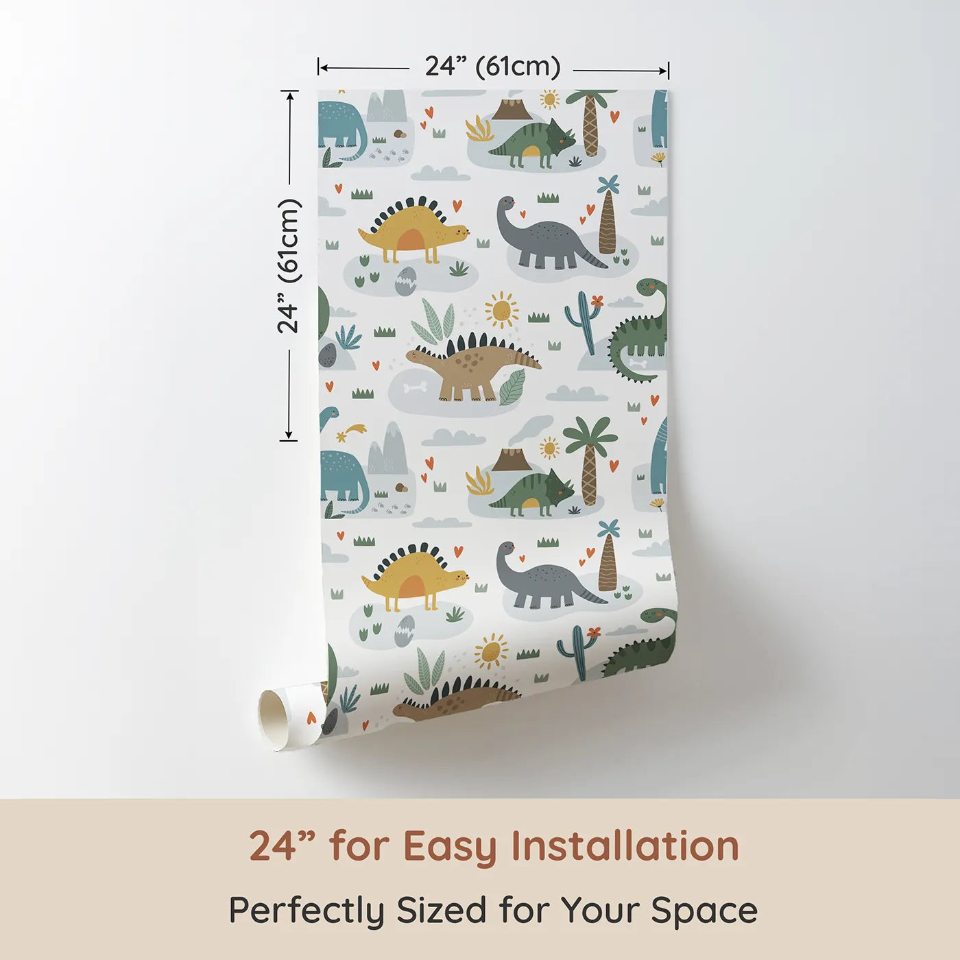 Dimension view of Whimsy Tots Playful Dinosaur Land Wallpaper (W2224). Printed in 24-inch-wide panel for easy installation. Where friendly dinosaurs play under a happy, smiling sun.