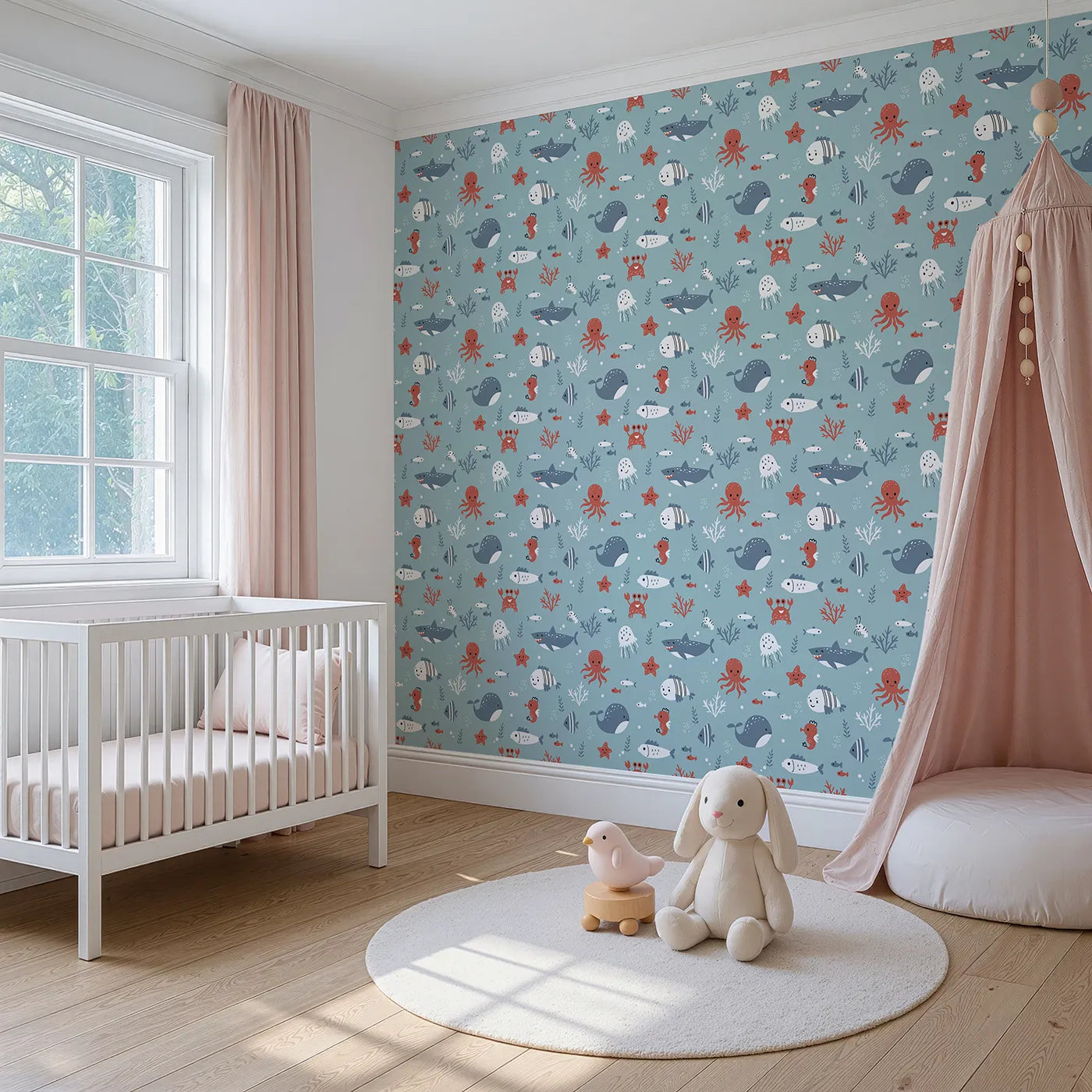 Angled view of Whimsy Tots' Happy Ocean Friends Wallpaper in Blue (W2225).Where all the friendliest sea creatures are gathered for a swim.