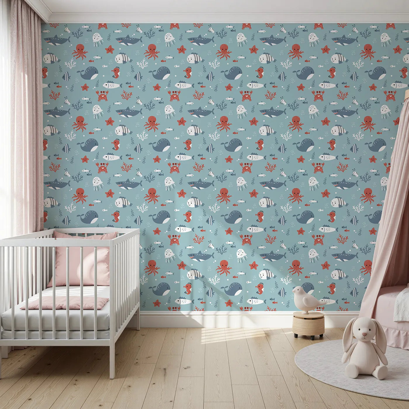 Front view of Whimsy Tots' Happy Ocean Friends Wallpaper in Blue