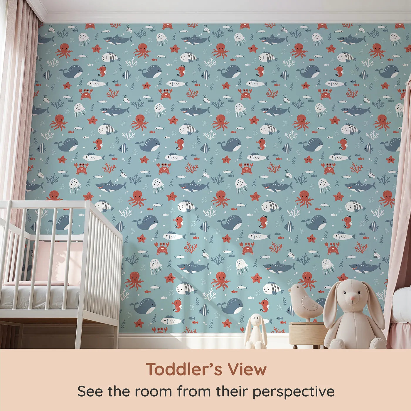 Whimsy Tots Happy Ocean Friends Wallpaper in Blue (W2225) from your child's view.Where all the friendliest sea creatures are gathered for a swim.