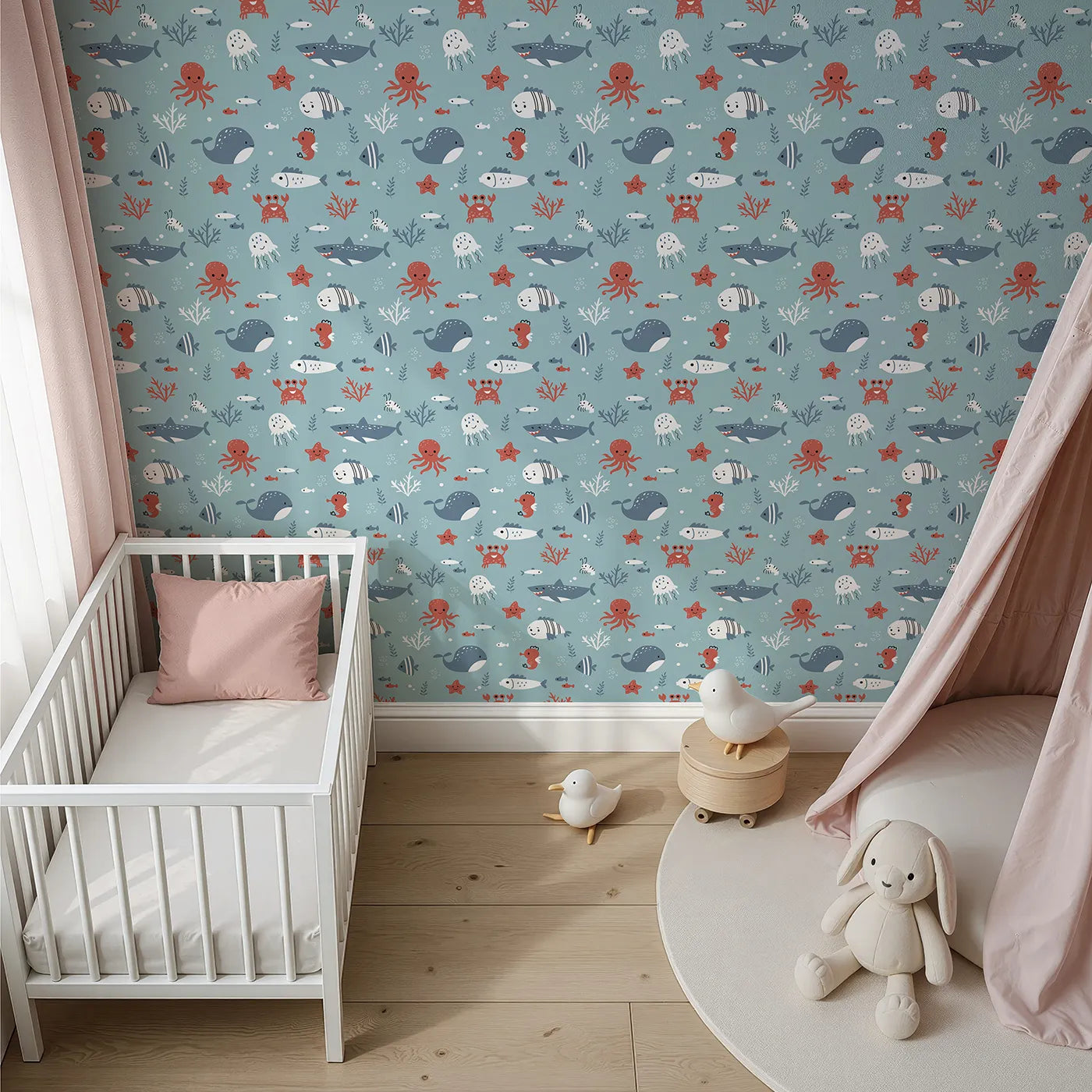 Top-Down view of Whimsy Tots' Happy Ocean Friends Wallpaper in Blue (W2225).Where all the friendliest sea creatures are gathered for a swim.