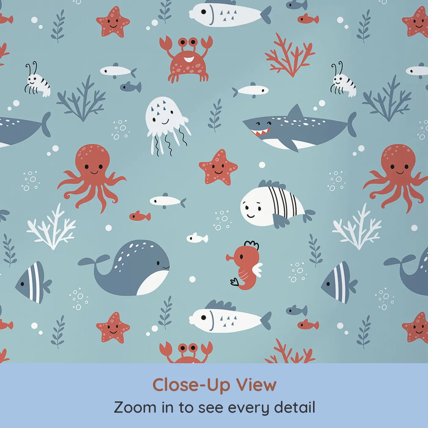 Close-up view of Whimsy Tots' Happy Ocean Friends Wallpaper in Blue (W2225).Where all the friendliest sea creatures are gathered for a swim.