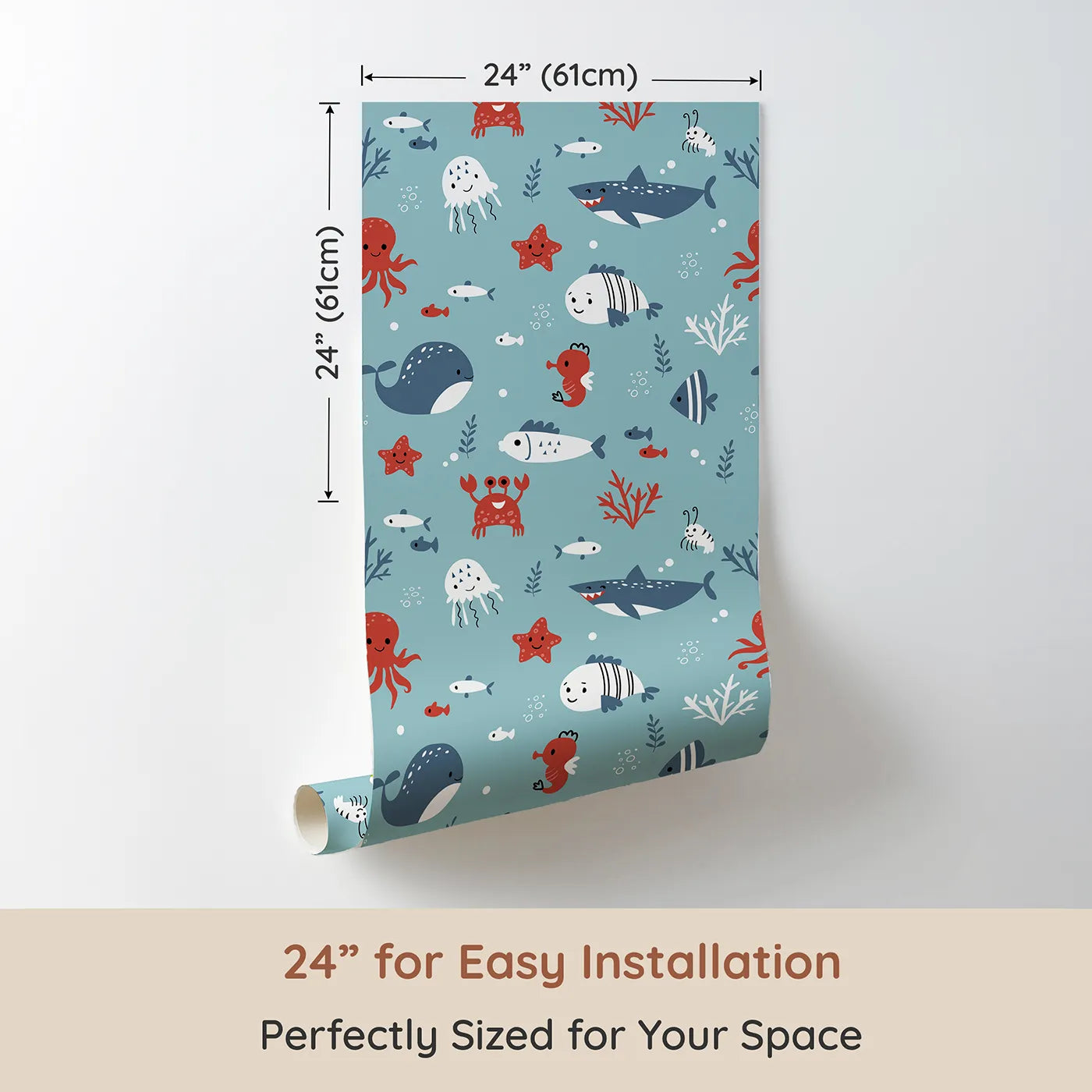 Dimension view of Whimsy Tots Happy Ocean Friends Wallpaper in Blue (W2225). Printed in 24-inch-wide panel for easy installation. Where all the friendliest sea creatures are gathered for a swim.