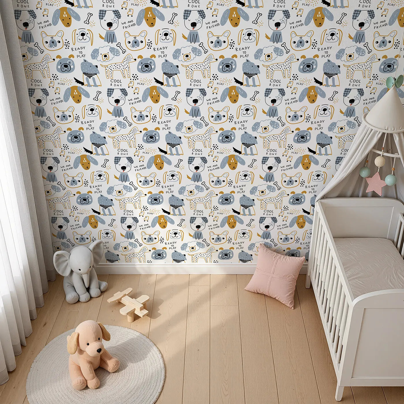 Top-Down view of Whimsy Tots' Playful Puppy Portraits Wallpaper (W2226).Where a pack of cool, hand-drawn dogs are ready to play.